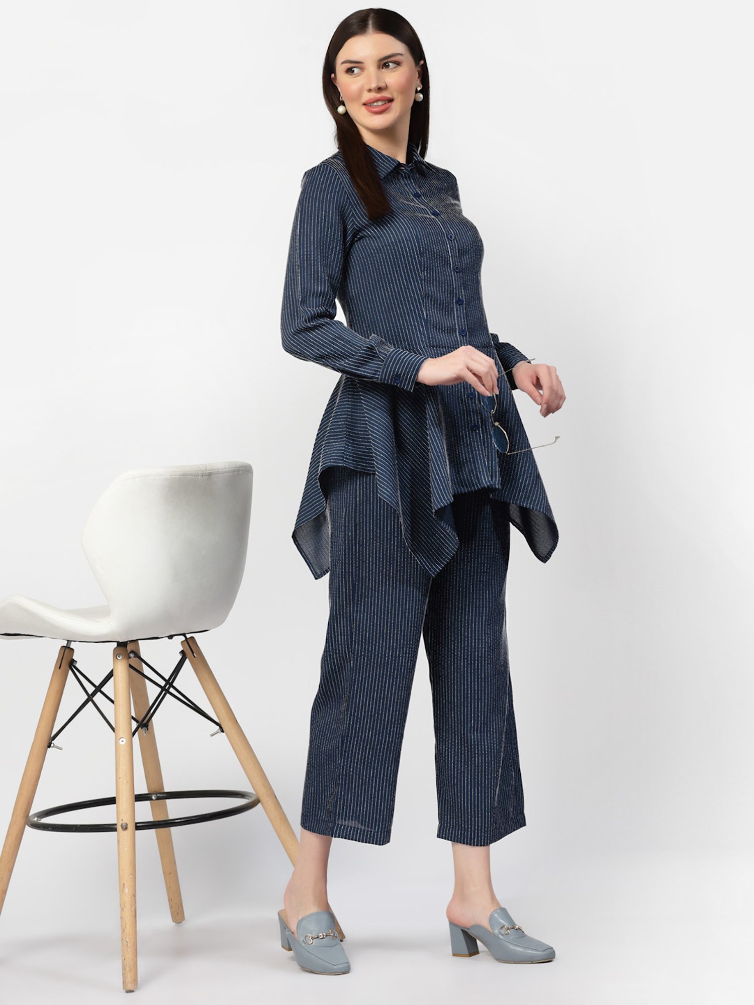 Office & You Dark Blue Striped Relaxed Fit Mid Rise Trousers