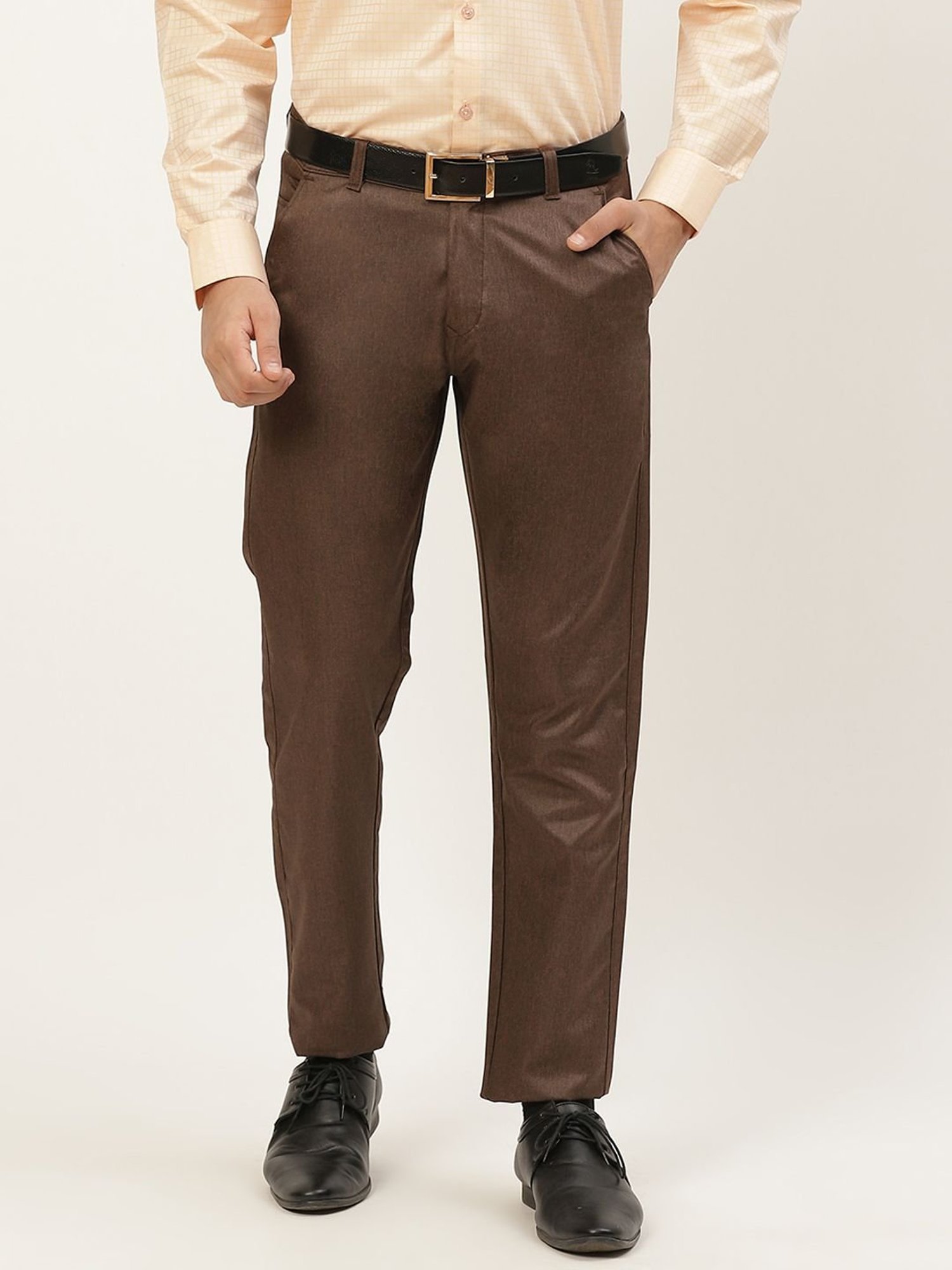 Sojanya Brown Cotton Regular Slim Fit Self Pattern Flat Front Trousers