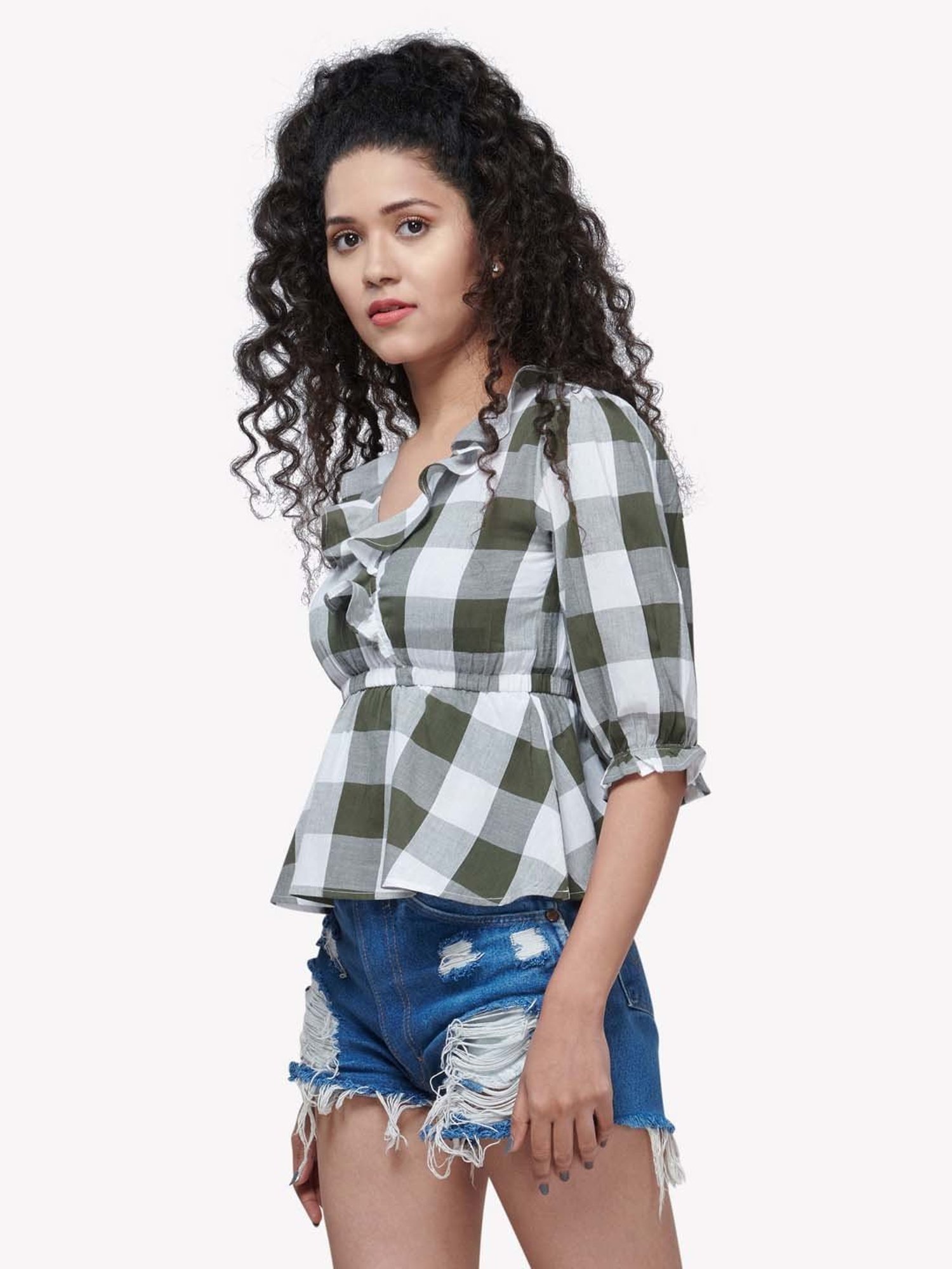 VASTRADO Green Cotton Chequered Top