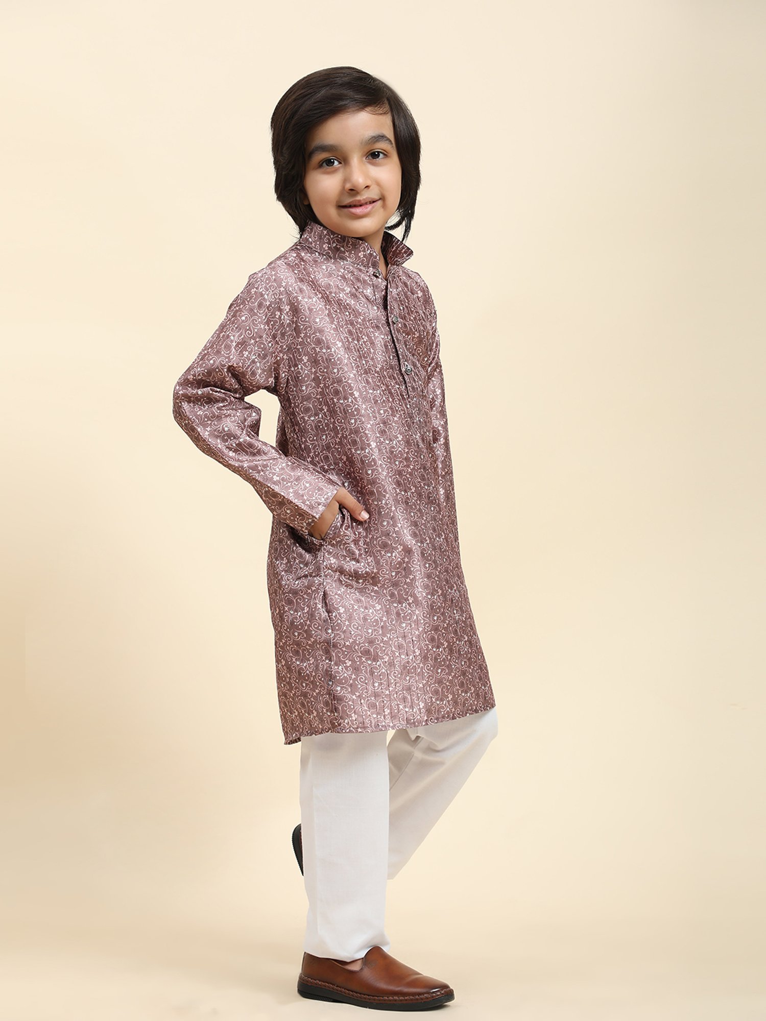 Pro-Ethic Style Developer Kids Pink & White Floral Print Full Sleeves Kurta with Pyjamas