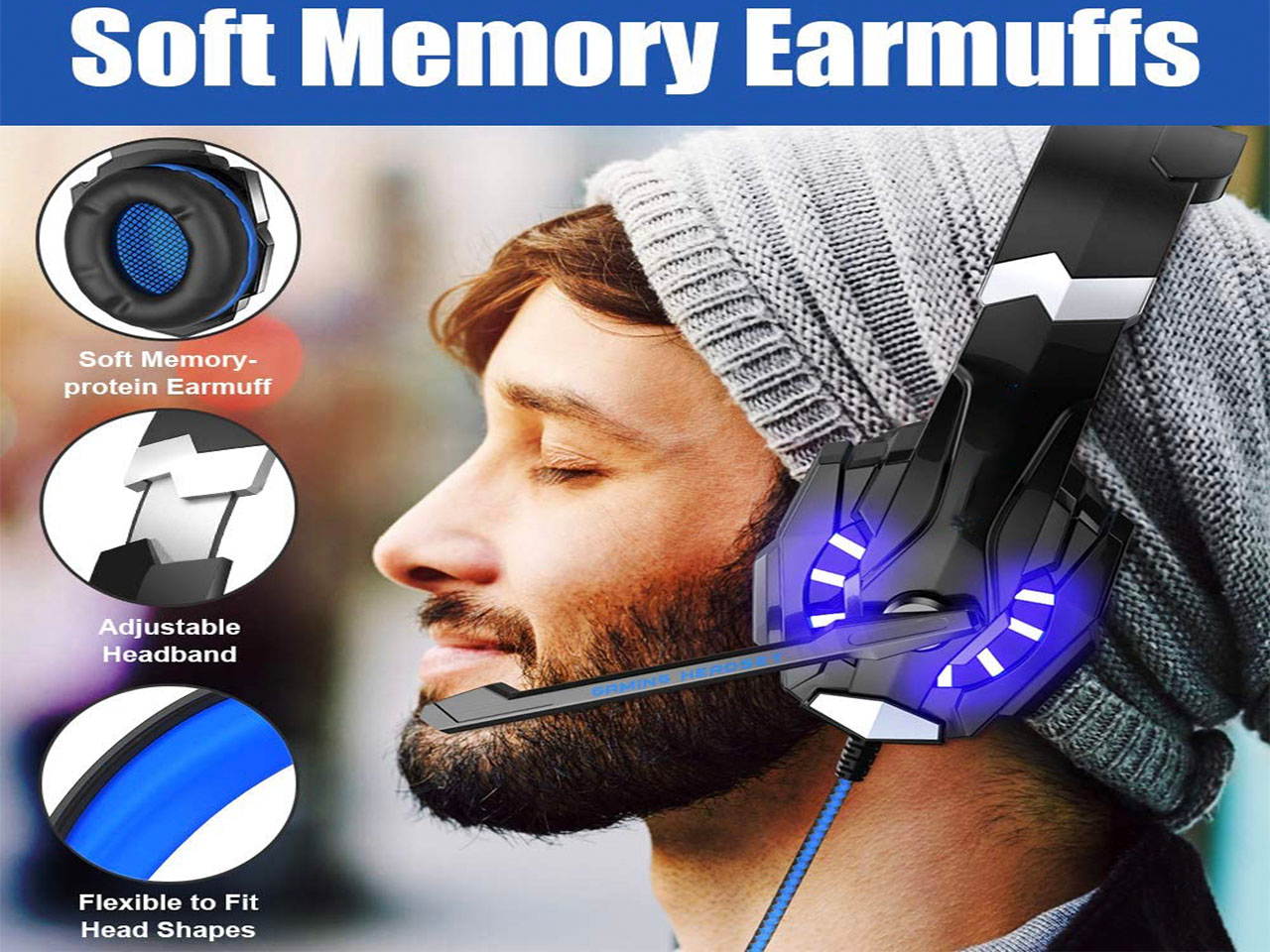 Gaming Headset for PS4, PC, Xbox One Controller, Noise Cancelling Over Ear Headphones with Mic, LED Light, Bass Surround, Soft Memory Earmuffs for Laptop Mac Nintendo PS3 Games