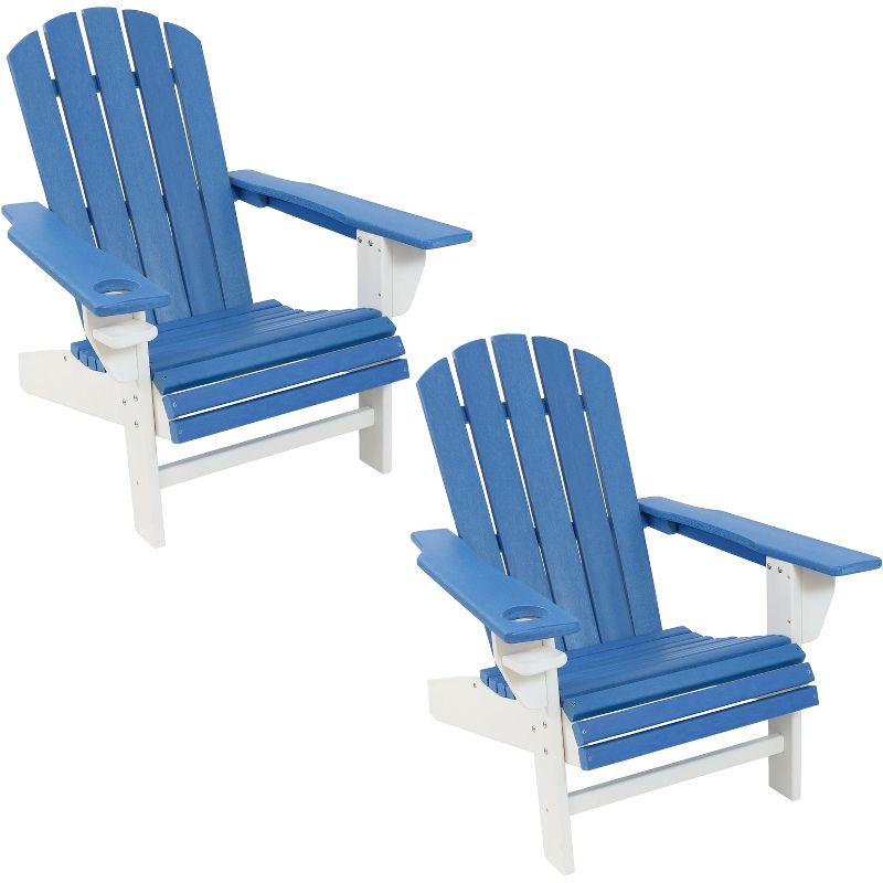 Sunnydaze Plastic All-Weather Heavy-Duty Outdoor Adirondack Chair with Drink Holder, Blue and White, 2pk
