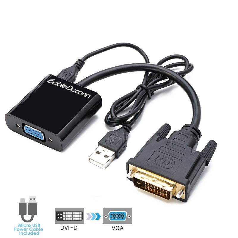 CableDeconn DVI 24+1 DVI-D M to VGA Male With Micro USB Active Adapter Converter Cable for PC DVD Monitor HDTV