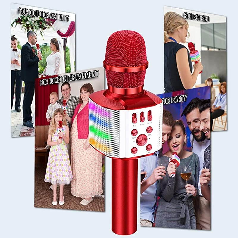 Wireless Bluetooth Karaoke Microphone with controllable LED Lights 4 in 1 Portable Karaoke Machine Speaker for AndroidiPhonePC Red
