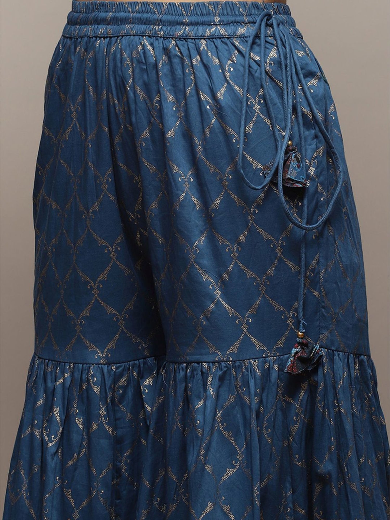 Biba Teal Blue Cotton Printed Kurti Sharara Set With Dupatta