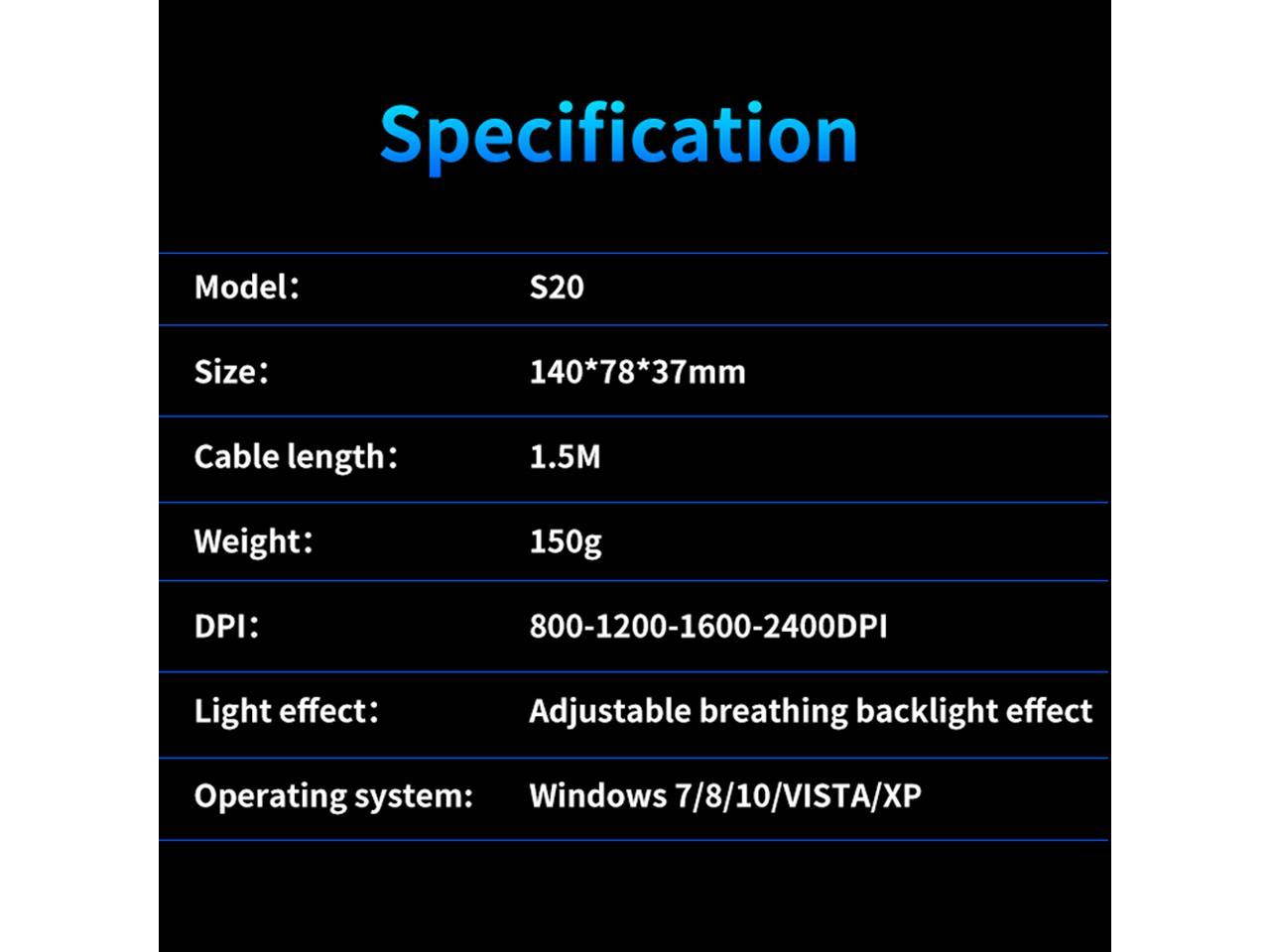 AULA S20 USB Wired Gaming Mouse Programmable 2400DPI Optical Ergonomic Mouse with 4-Color Breathing Light for PC Laptop