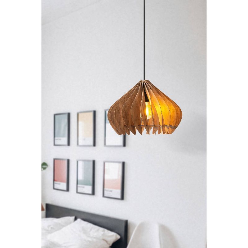 14" Modern Walnut Wood Hanging Pendant Light Brown - Ore International
