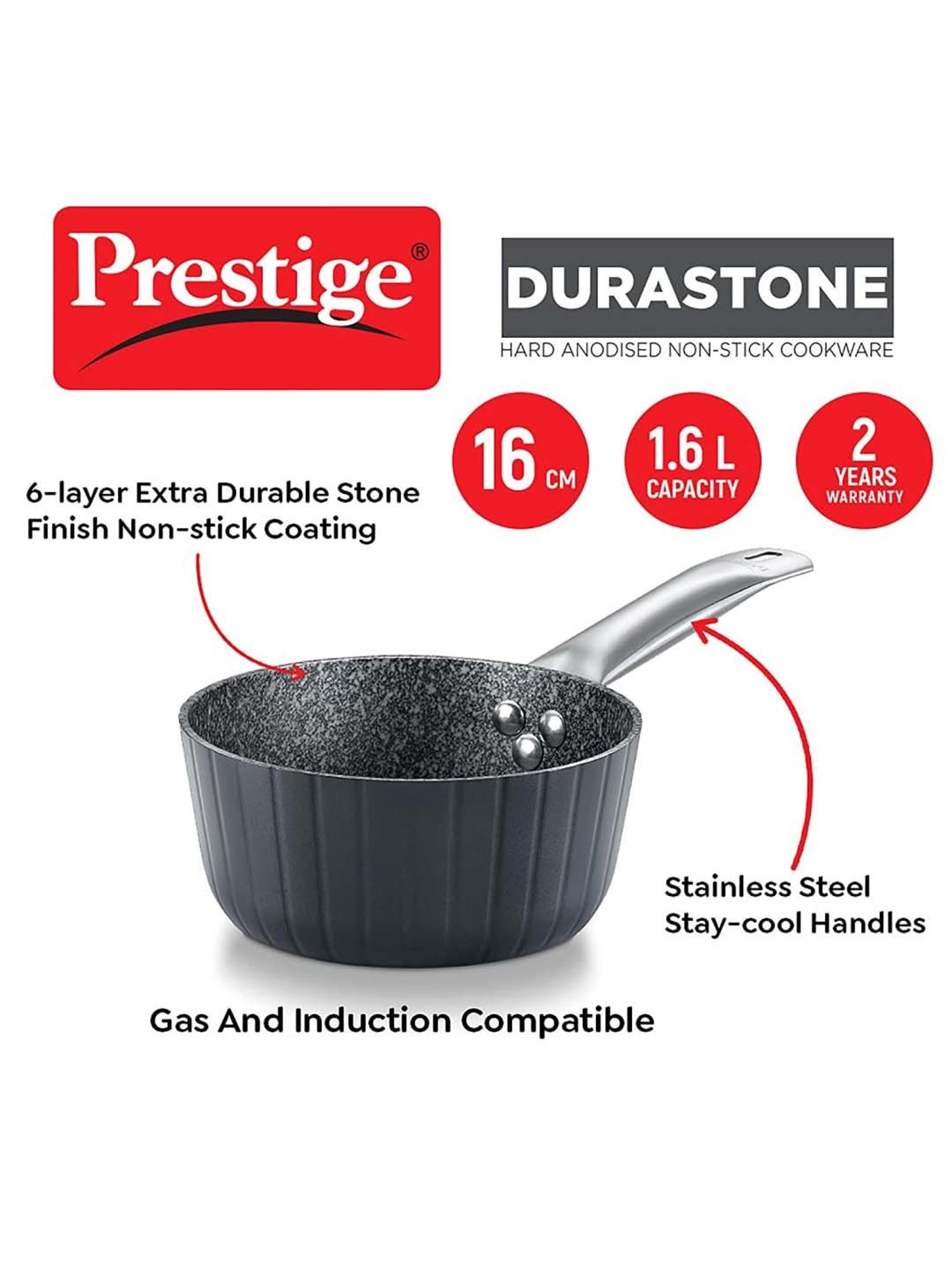 Prestige Black Hard Anodised 16 cm Non-Stick 6-Layer Sauce Pan With Lid (1.6 L)