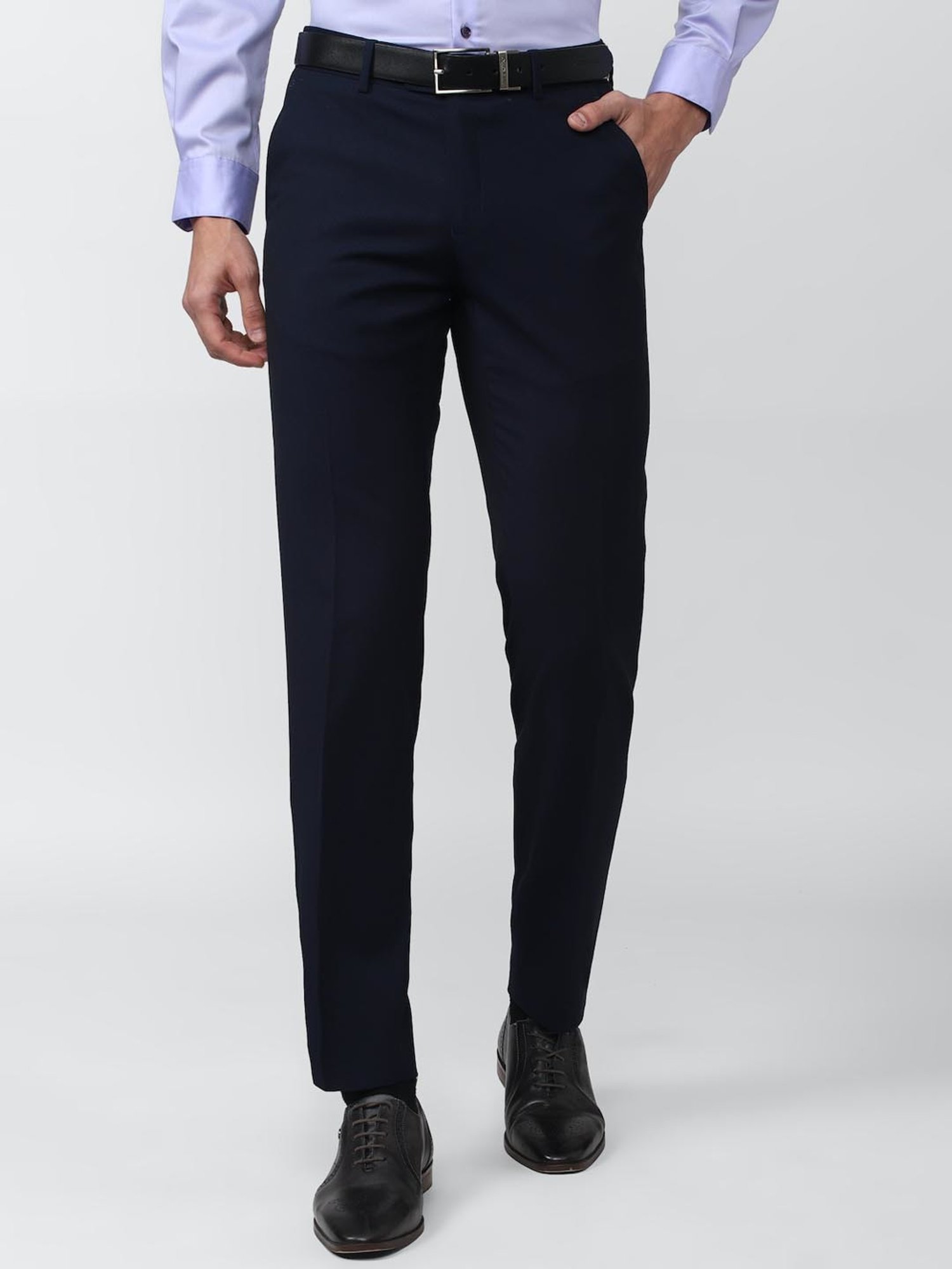 Peter England Elite Navy Slim Fit Self Pattern Trousers