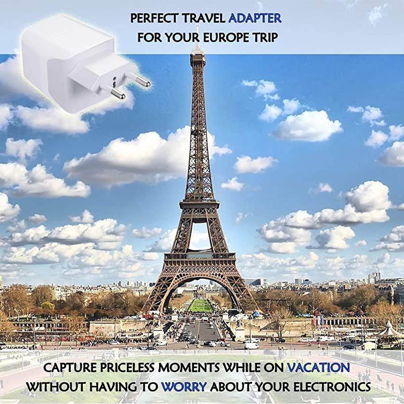 Europe Travel Adapter  Ultra Compact Dual USB Power Plug for European Type C 3 Inputs iPhone Laptop Galaxy Cell Phones Camera Chargers iWatch More CTU9C