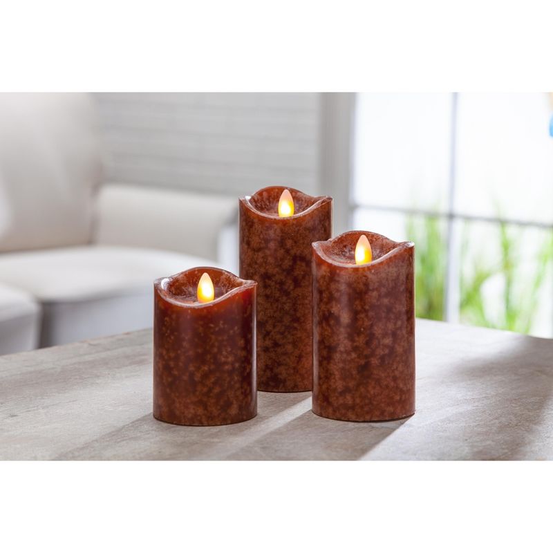 Everlasting Glow Set of Three 3 Brown LED Pillar Candles with Aurora&reg; Flame and Remote Control