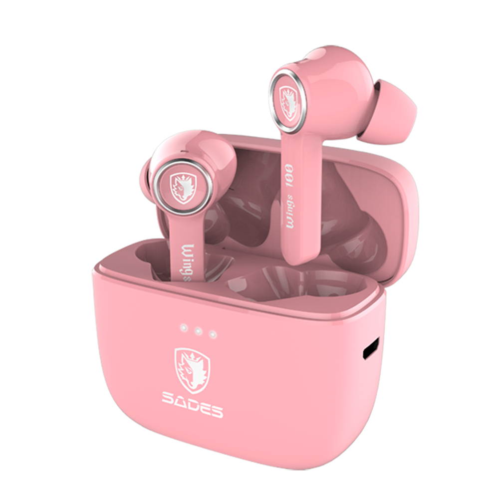 SADES Wings 100 True Wireless Pink Gaming Earbuds With Clear Microphone Low Latency Gaming Bass Audio Blutooth Earbuds With Charging Box For Gamers