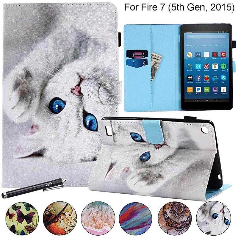 Flip Case for Kindle Fire 7 2015,  Magnetic Leather Stand Protective Case with Card Slots for  Kindle Fire 7 (Only Fit Fire 7" Display 5th Generation 2015 Release) - Blue Eye Cat