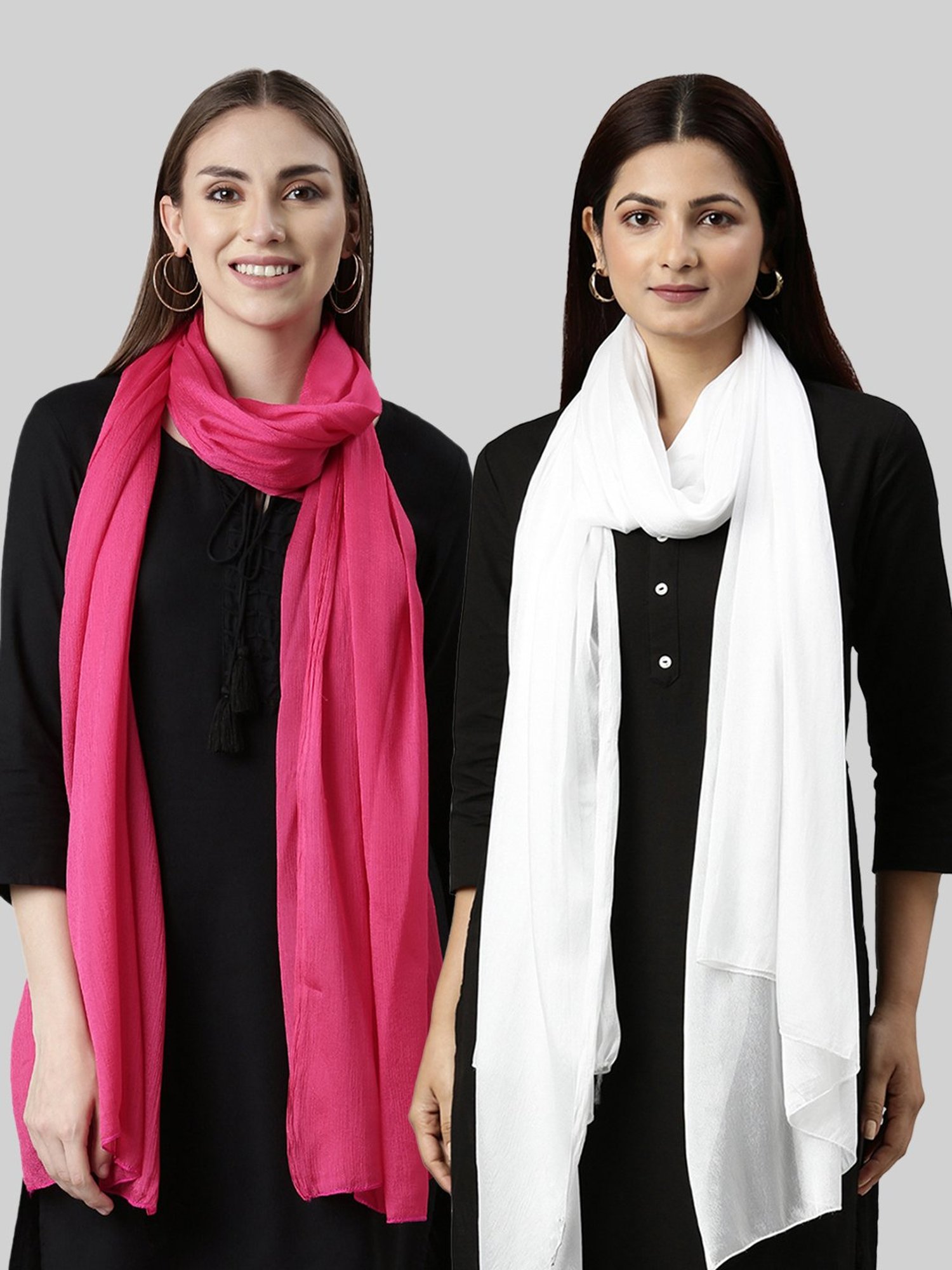 TWIN BIRDS Pink & White Plain Dupatta - Pack Of 2