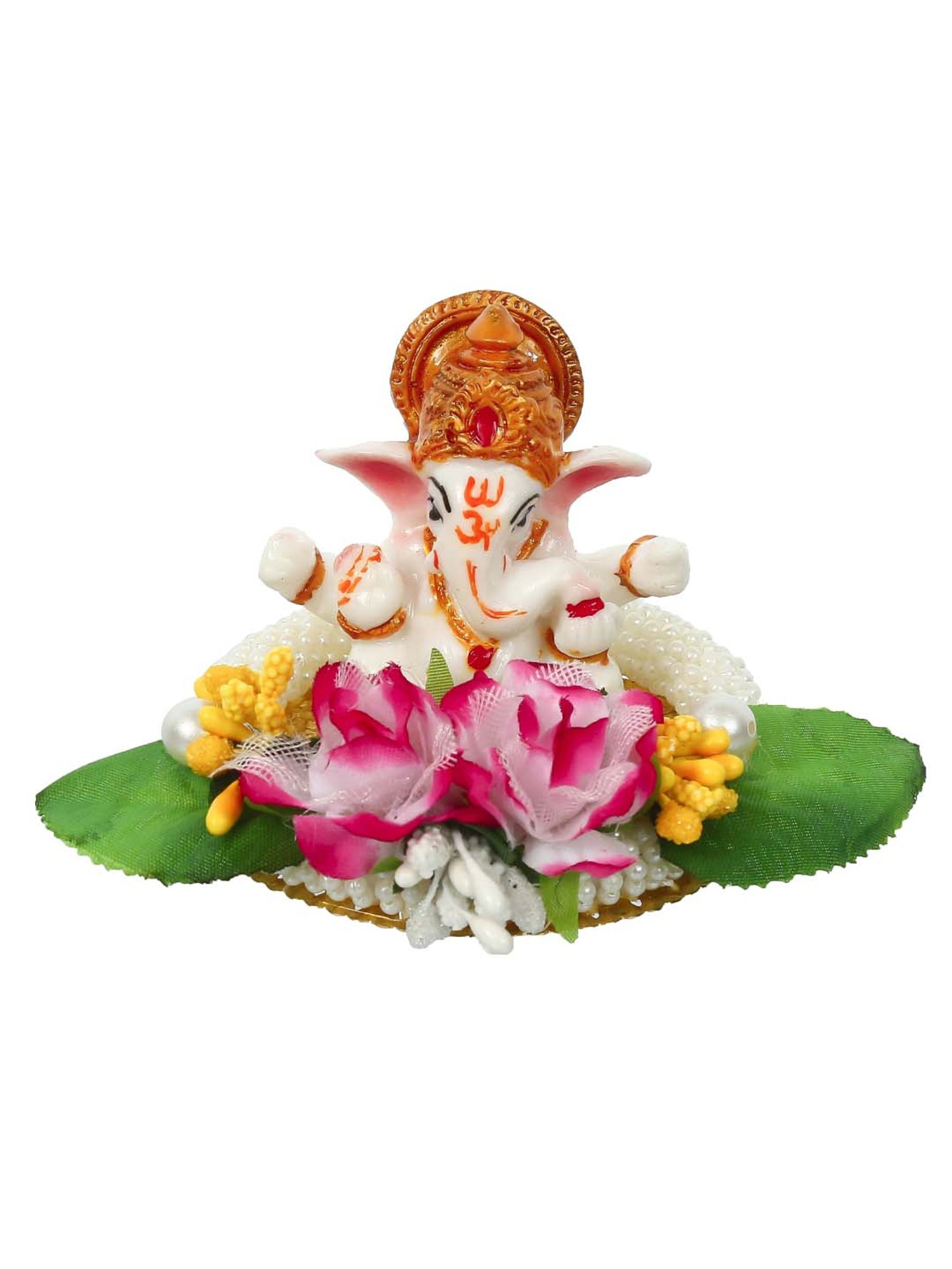 eCraftIndia Lord Ganesha Idol on Decorative Handcrafted Plate with Colorful Flowers and Leaf
