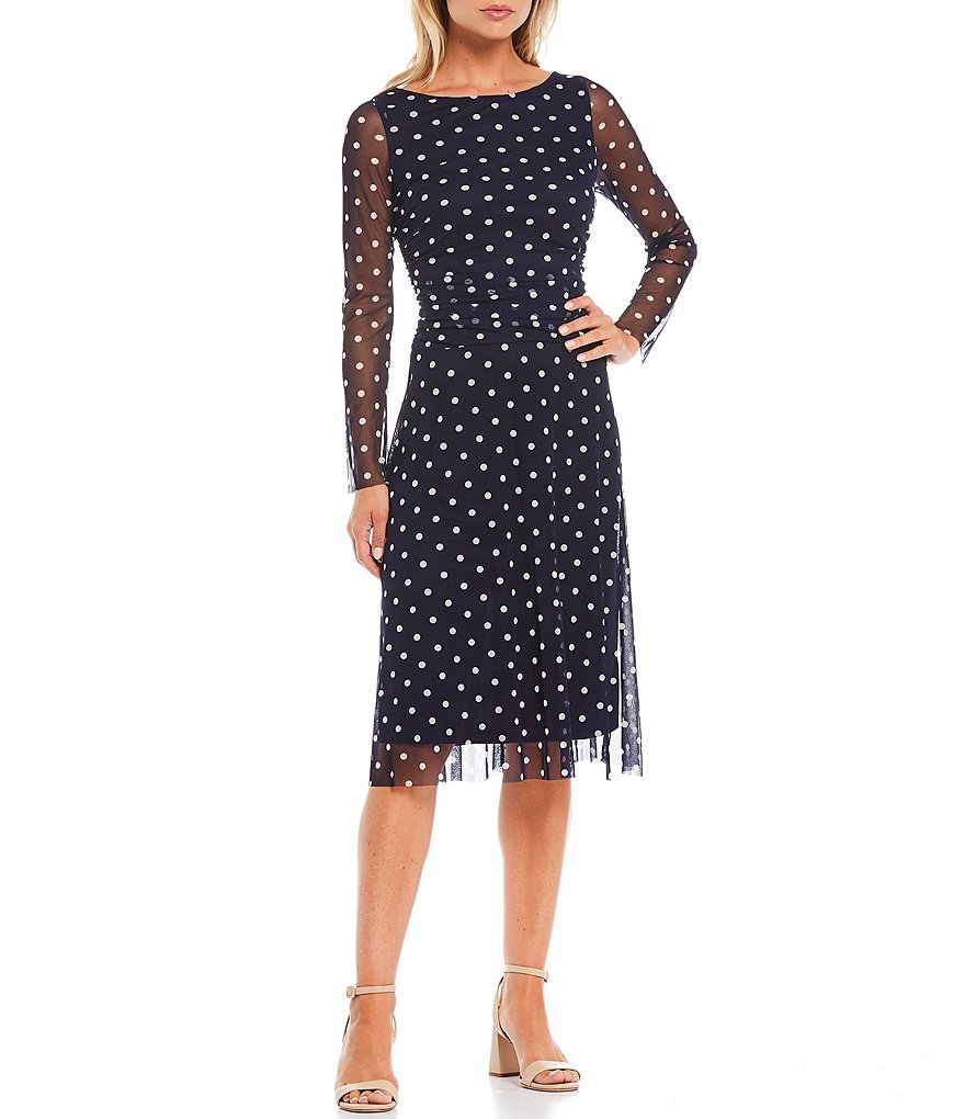 Jessica Howard Long Sleeve Ruched Waist Dotted Mesh Midi Dress