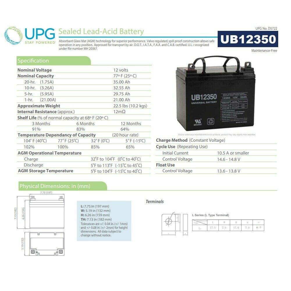 UPG UB12350 12V 35AH  U1-36NE Sealed Lead Acid Battery Nut Bolt Terminal