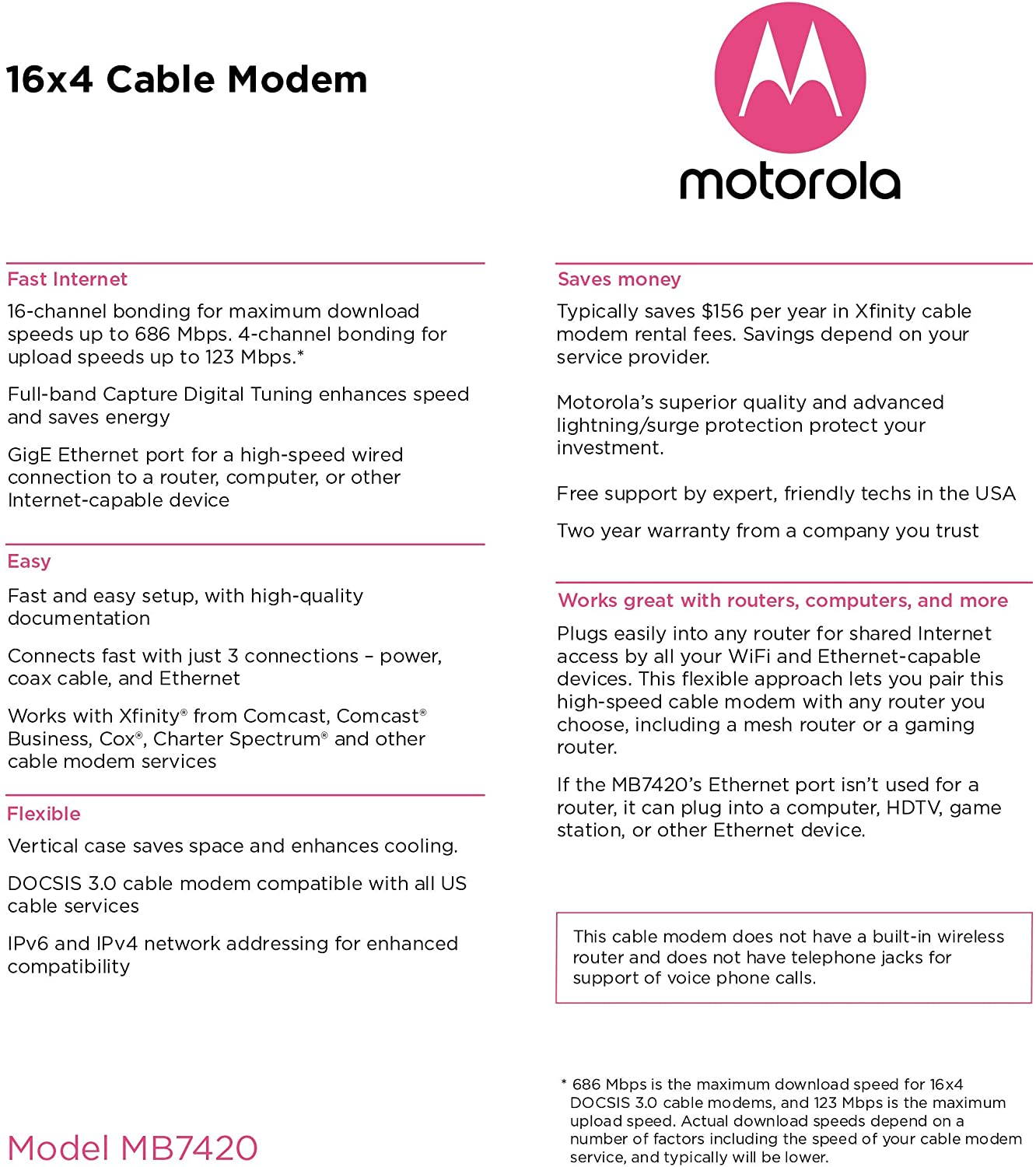 MOTOROLA 16x4 Cable Modem, Model MB7420, 686 Mbps DOCSIS 3.0, Certified by Comcast XFINITY, Charter Spectrum, Time Warner Cable, Cox, BrightHouse, and More