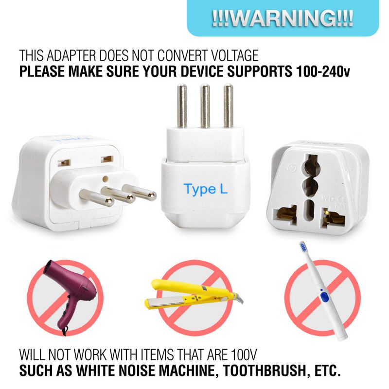 Ceptics Grounded Italy, Chile, Uruguay  Travel Plug Adapter (Type L), Universal Socket Plug Accepts Plugs From any Country, Perfect for Cell Phones, Laptops, Chargers and More - 3 Pack (GP-12A)