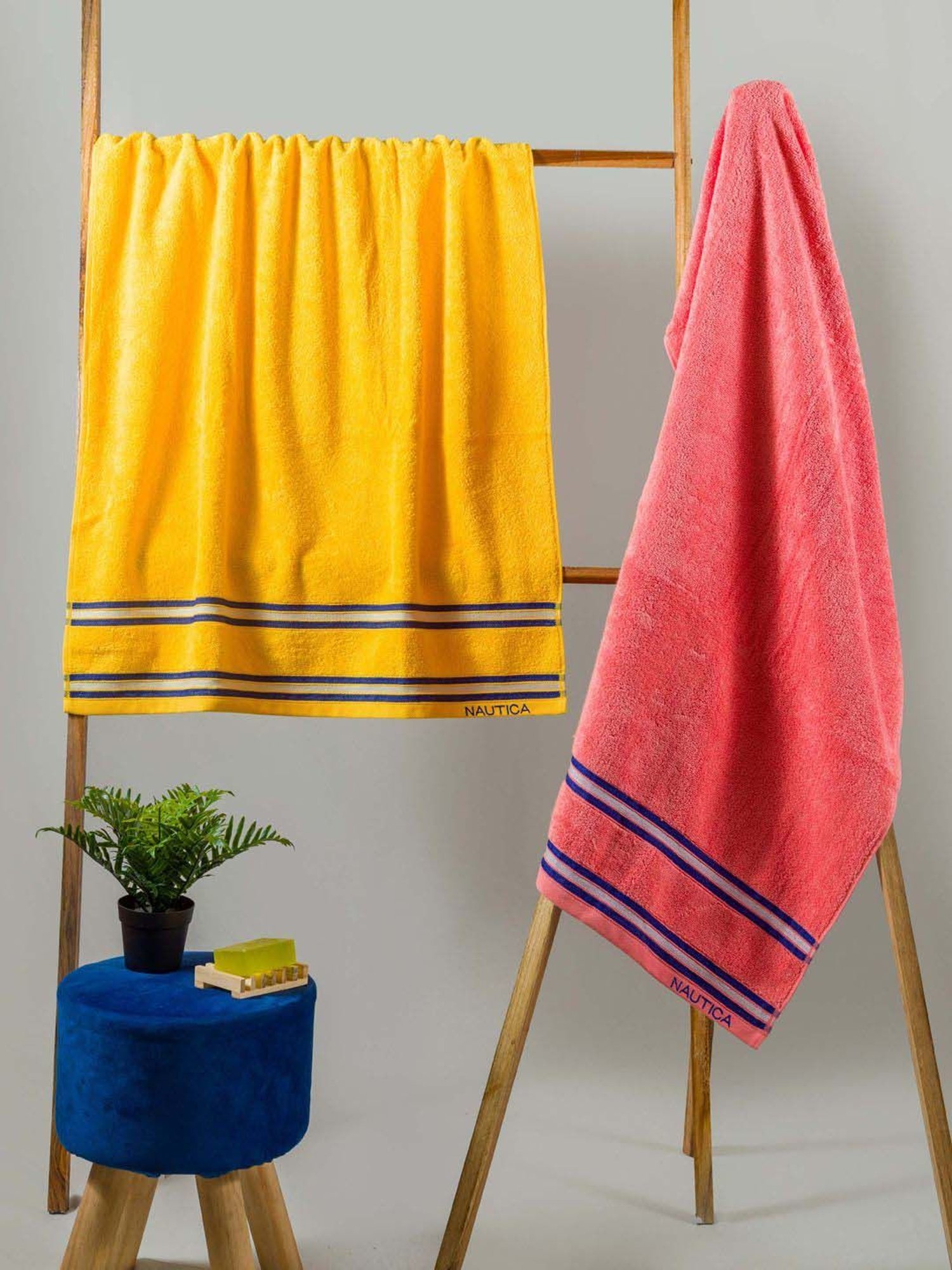 Nautica Vintage Crew Stripe Yellow & Coral Cotton 500GSM Super Soft Zero Twist Bath Towel - Set of 2