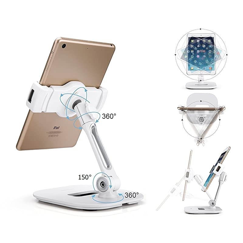 Stylish Aluminum Tablet Stand Cell Phone Holder Folding 360&deg; Swivel iPad iPhone Desk Mount Holders fits 411 Display TabletSmartphones for Kitchen Bedside Office Table POS Kiosk Showroom
