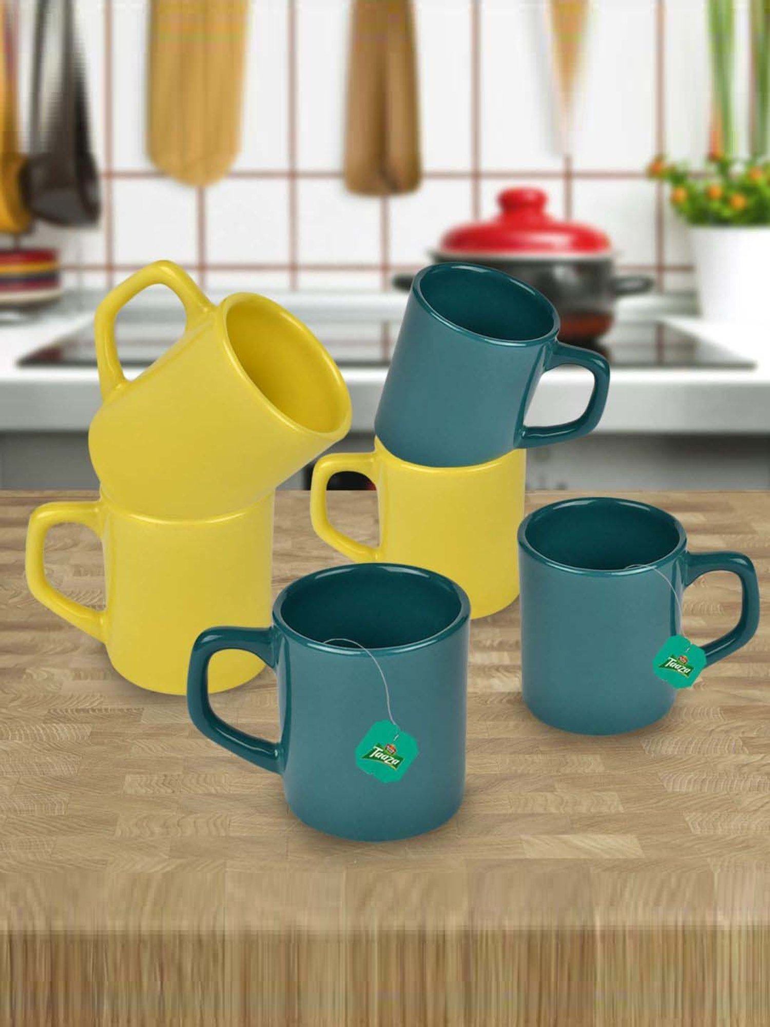 Urban Chef Yellow & Dark Green Ceramic Droite Handcrafted Microwave Safe Cup - Set of 6
