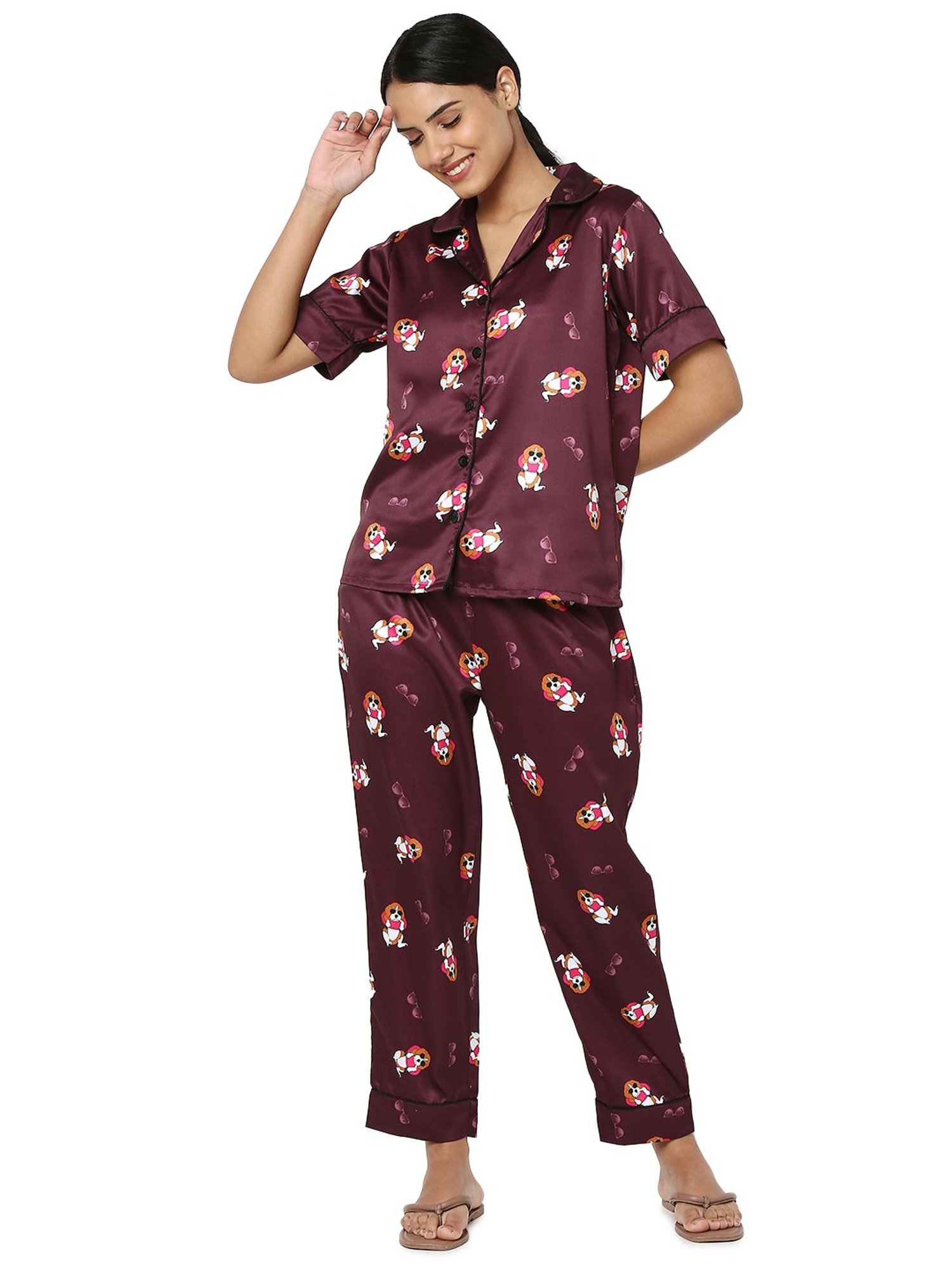 Smarty Pants Maroon Satin Animal Print Shirt With Pyjamas