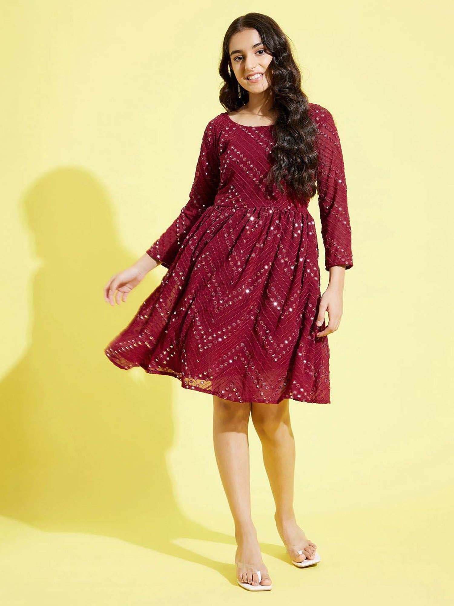 VASTRAMAY Kids Maroon Embroidery Dresses