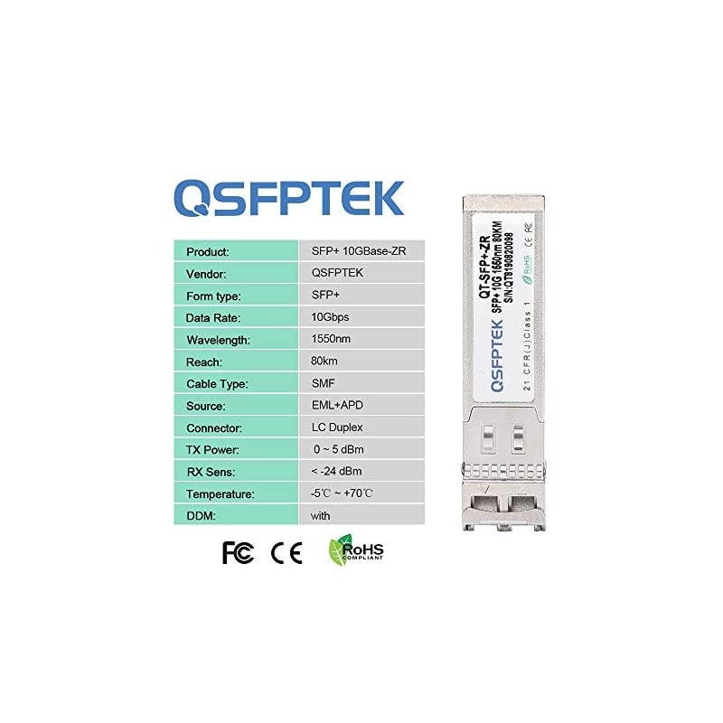10G SFP+ Module LC Single-Mode Transceiver 10GBASE-ZR for Cisco SFP-10G-ZR, Ubiquiti, Netgear, Mikrotik, D-Link, TP-Link, Broadcom, Linksys (1550nm, 80km, with DDM)