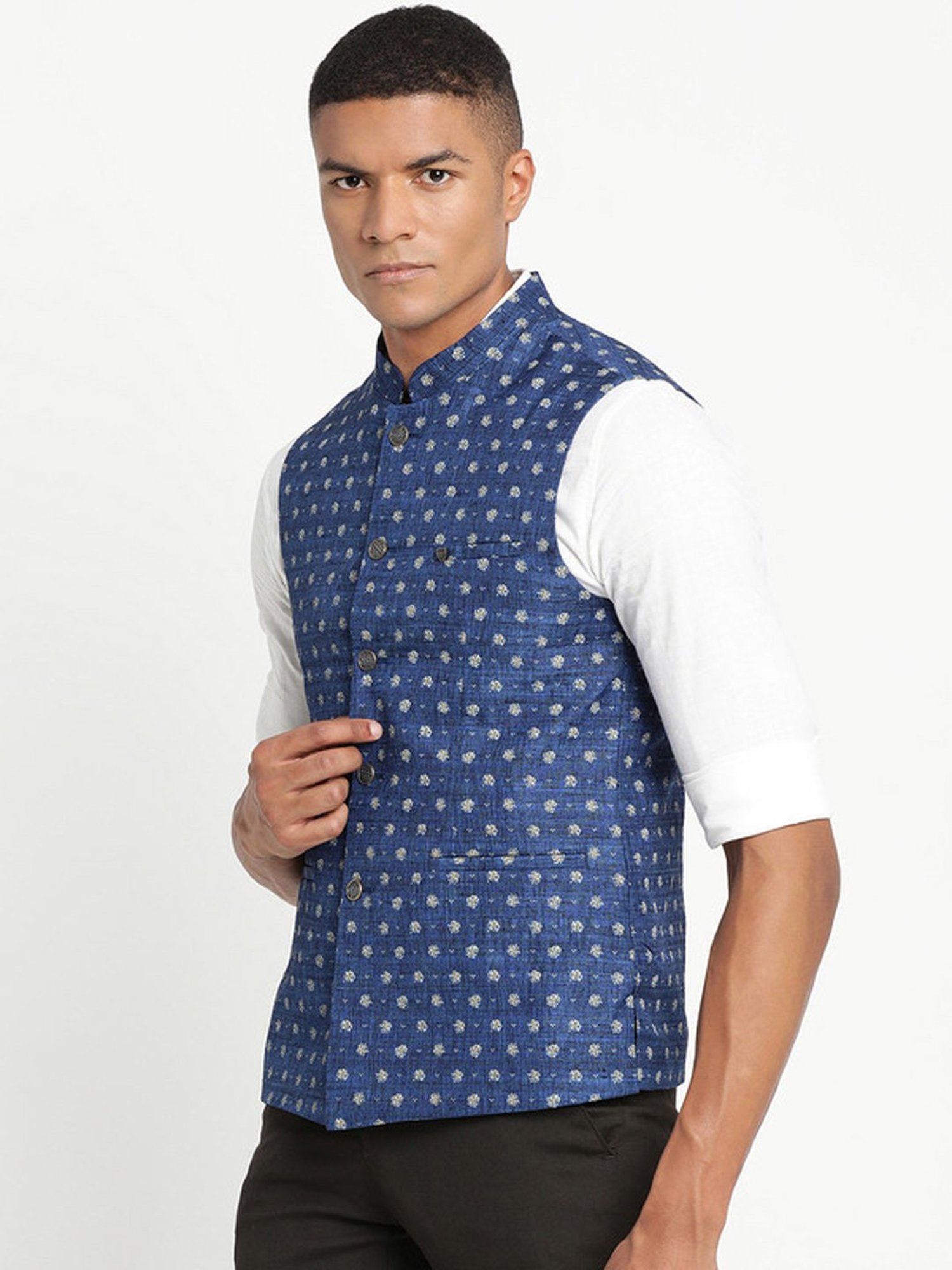 Turtle Blue Slim Fit Printed Nehru Jacket