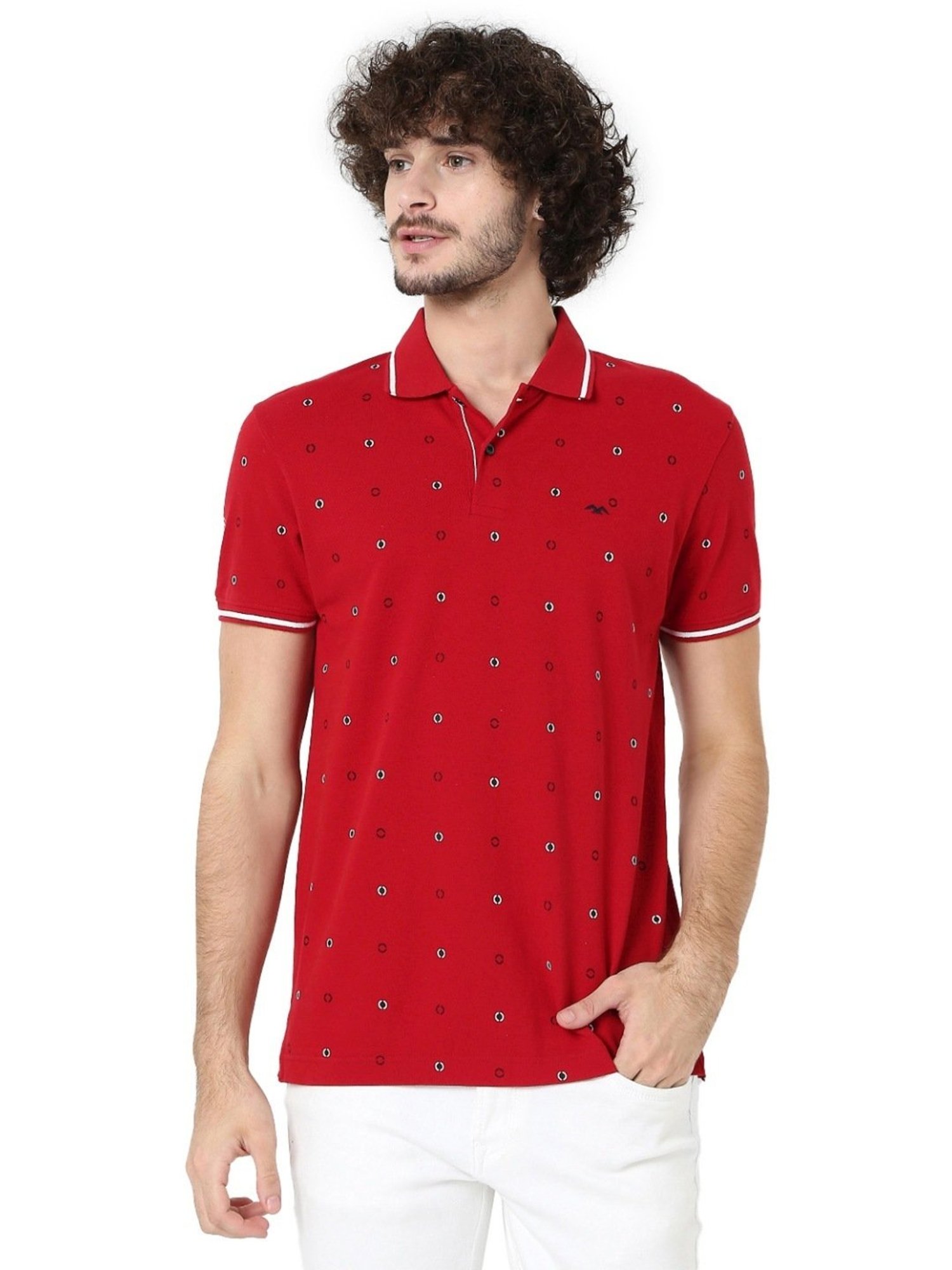 Mufti Red Cotton Slim Fit Printed Polo T-Shirt