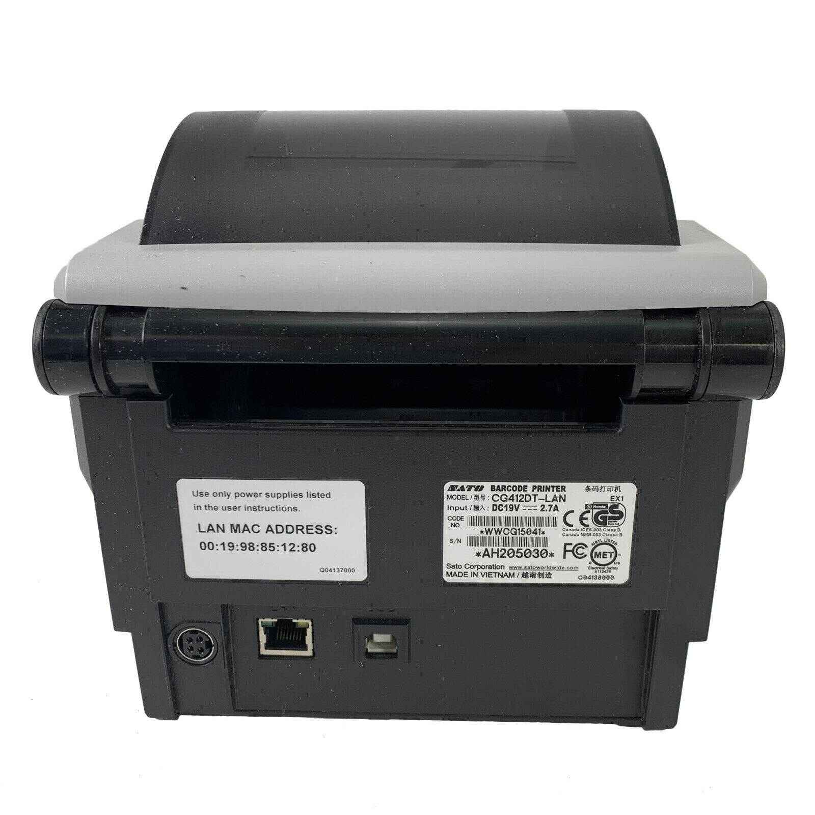 Small Portable Shipping Thermal Transfer Label Printer 4x6 SATO CG412DT LAN 300 dpi WWCG15041 with AC Adapter
