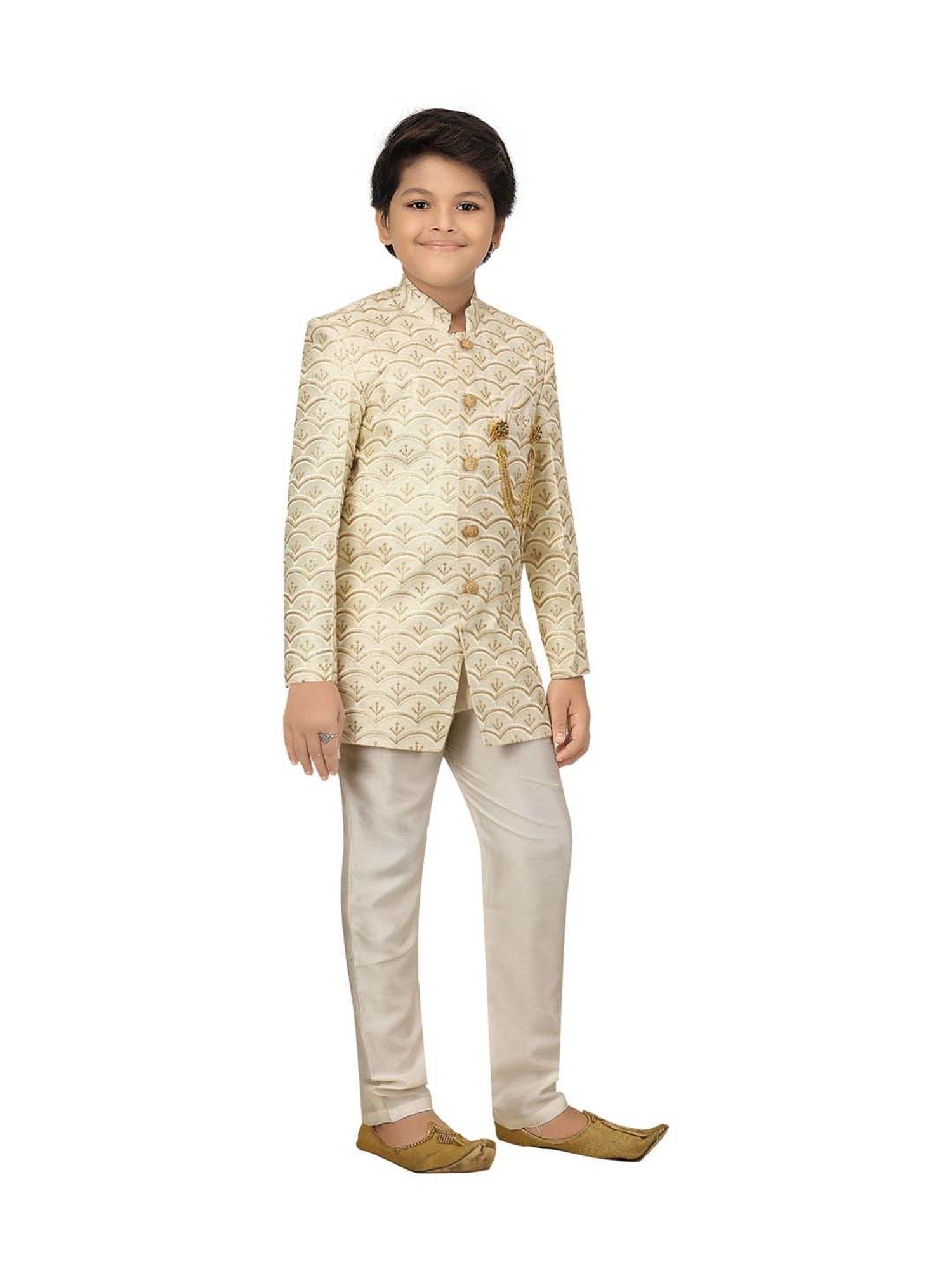 Ahhaaaa Kids Beige Cotton Embroidered Full Sleeves Kurta Set