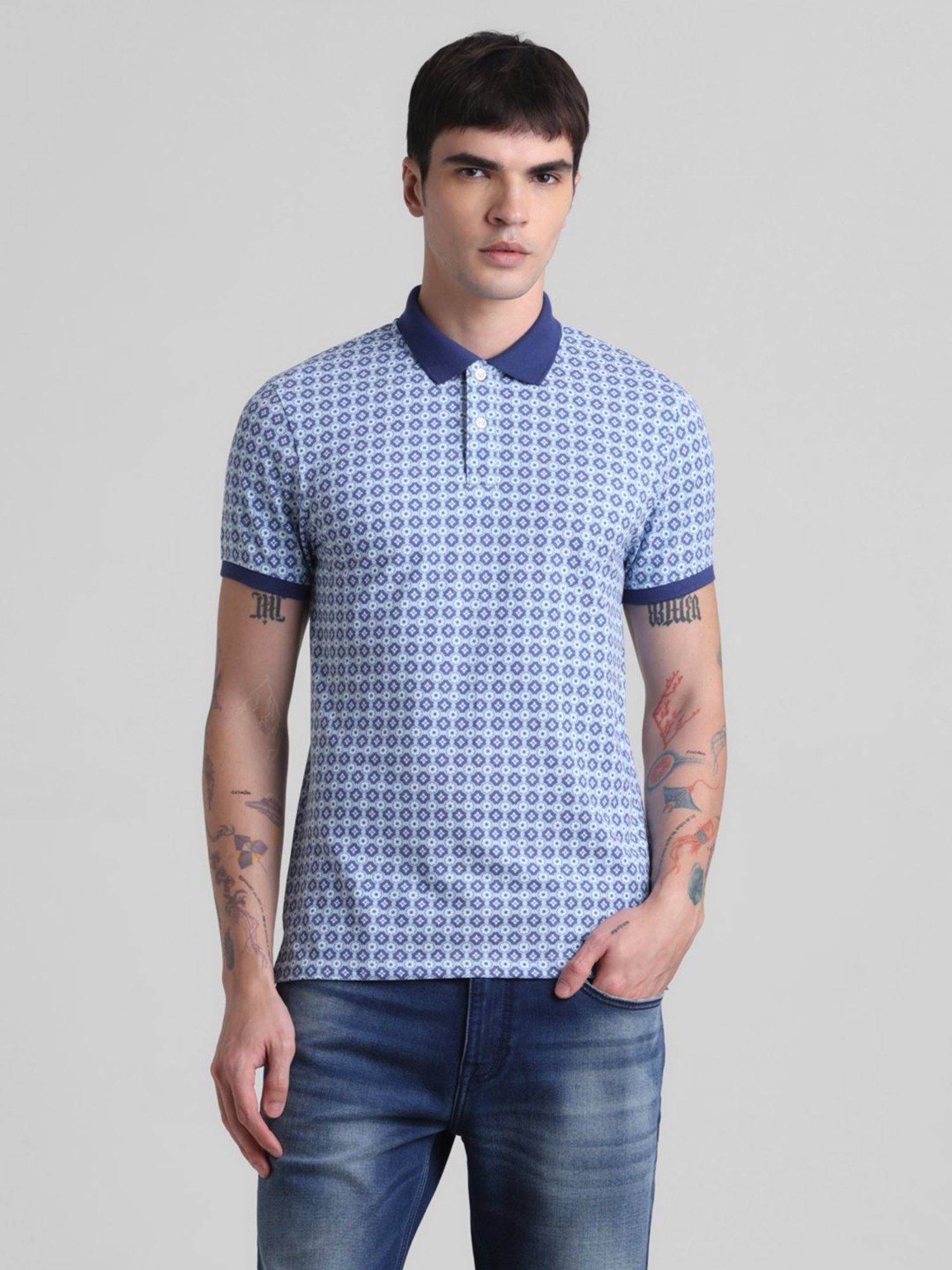 Jack & Jones Cloud Dancer Cotton Slim Fit Printed Polo T-Shirt