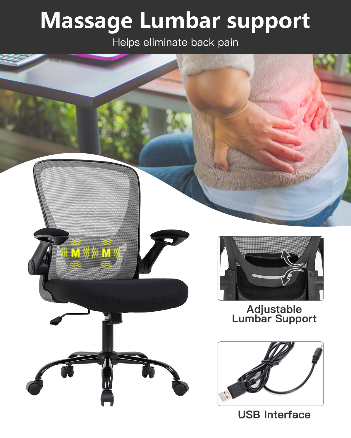 Office Chair Desk Chair Computer Chair Swivel Rolling Massage&nbsp;Task Chair with Lumbar Support Flip-up Arms Adjustable Mesh Ergonomic Chair for Adults(Grey)