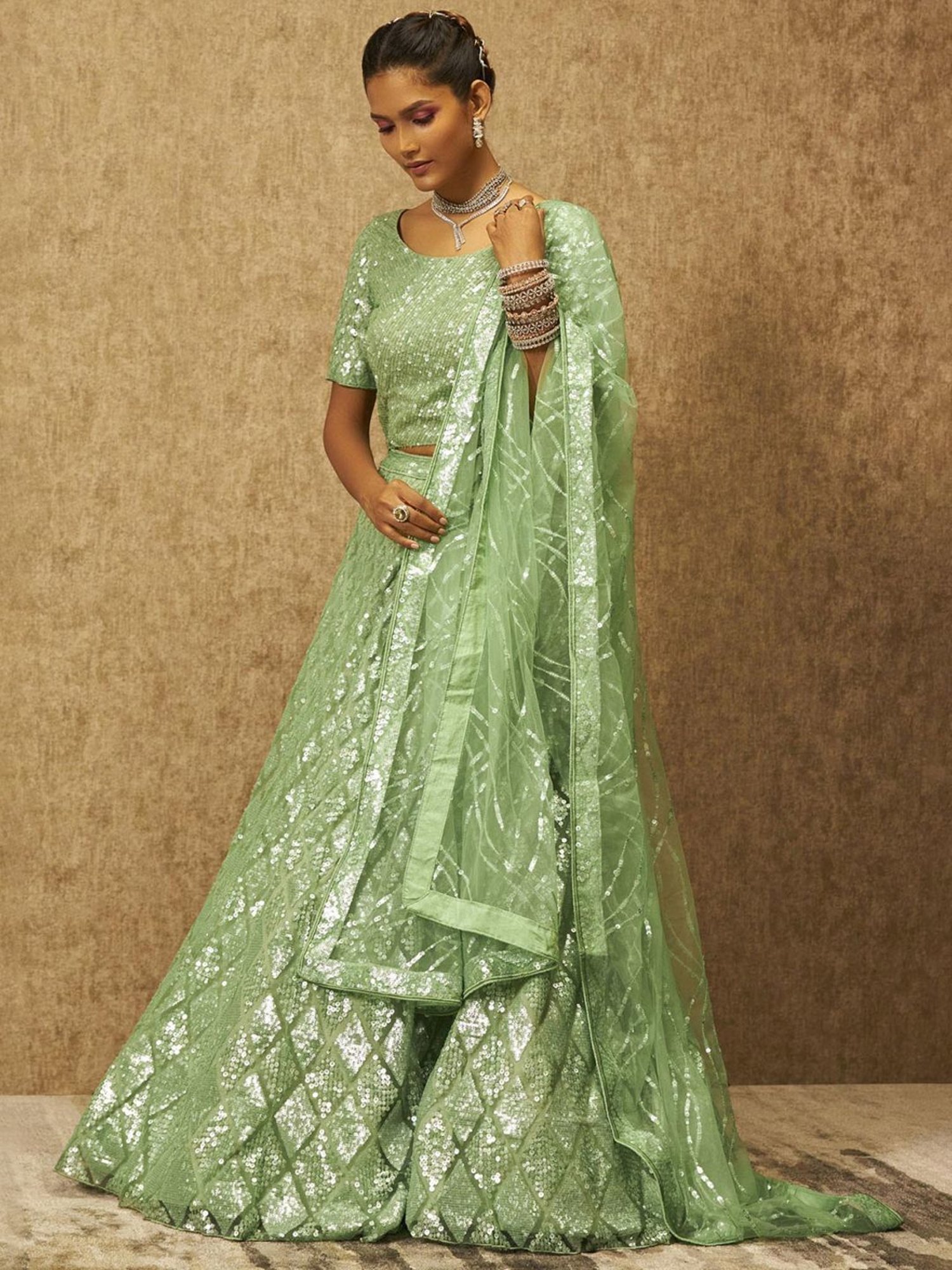 Soch Sap Green Embellished Unstitched Lehenga Choli Set With Dupatta