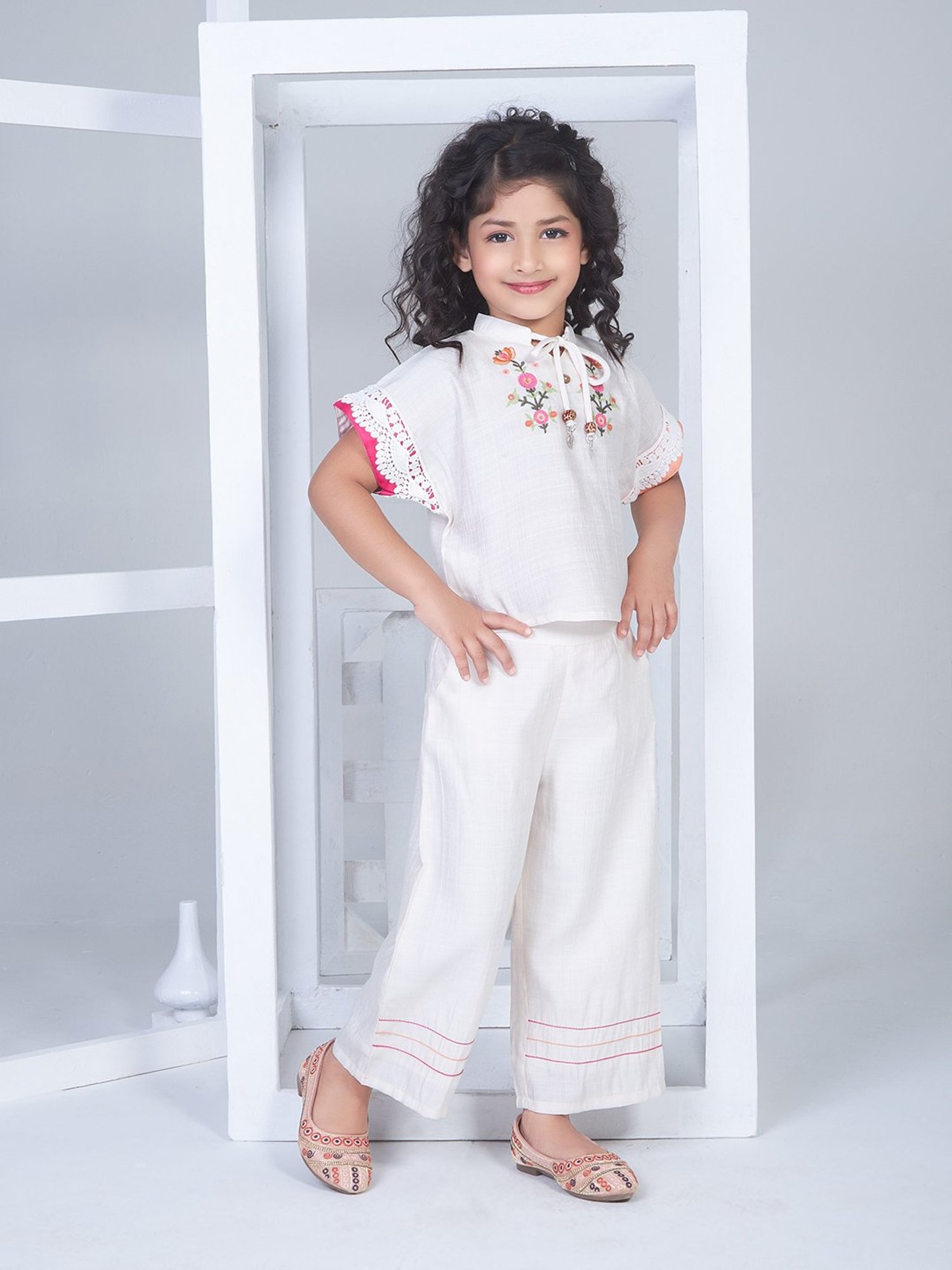 Peppermint Kids Beige Embroidered Top with Pants