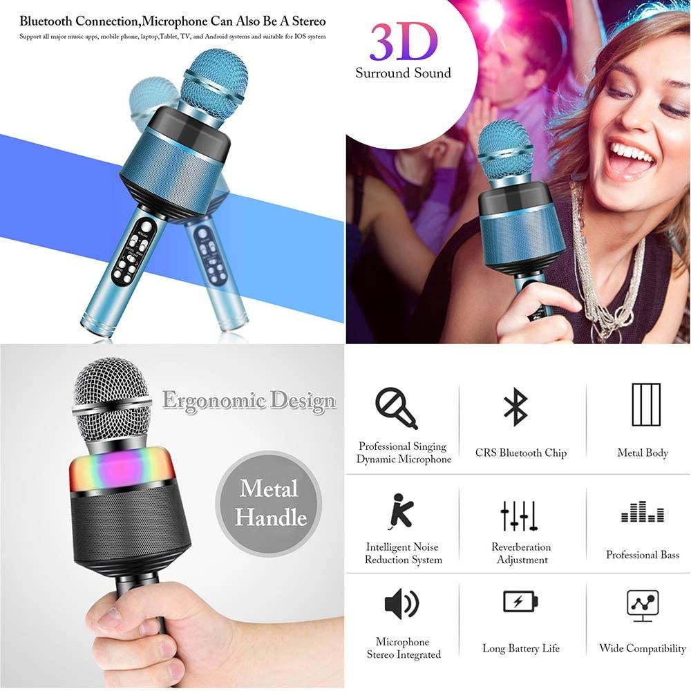 Wireless Microphone with Flashing Lights Portable Handhold Mic Speaker Cardioid for Mobile Phone Singing Music Apps DSP Chip
