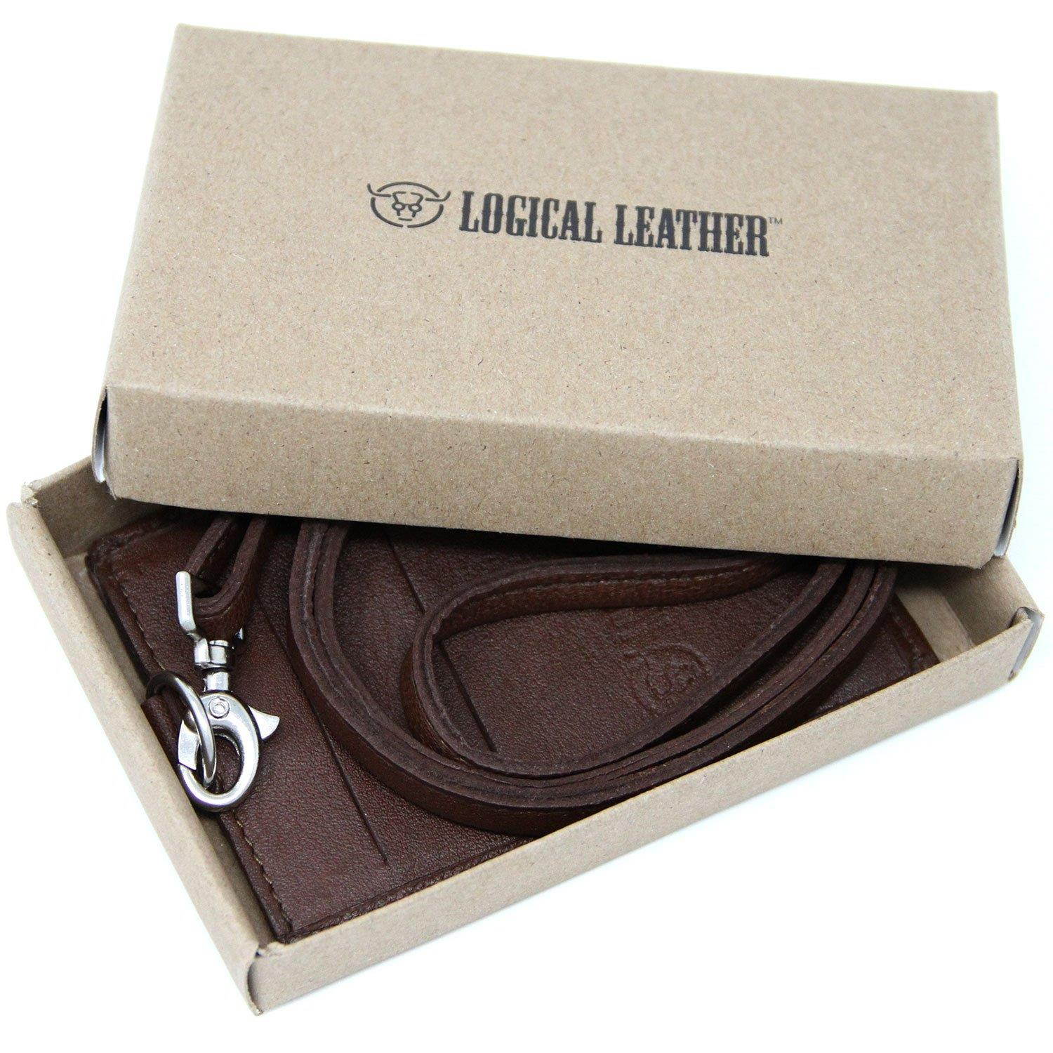 Logical Leather ID Lanyard with Detachable Vertical Badge Holder - Genuine Leather Lanyards for Women & Men (Brown)