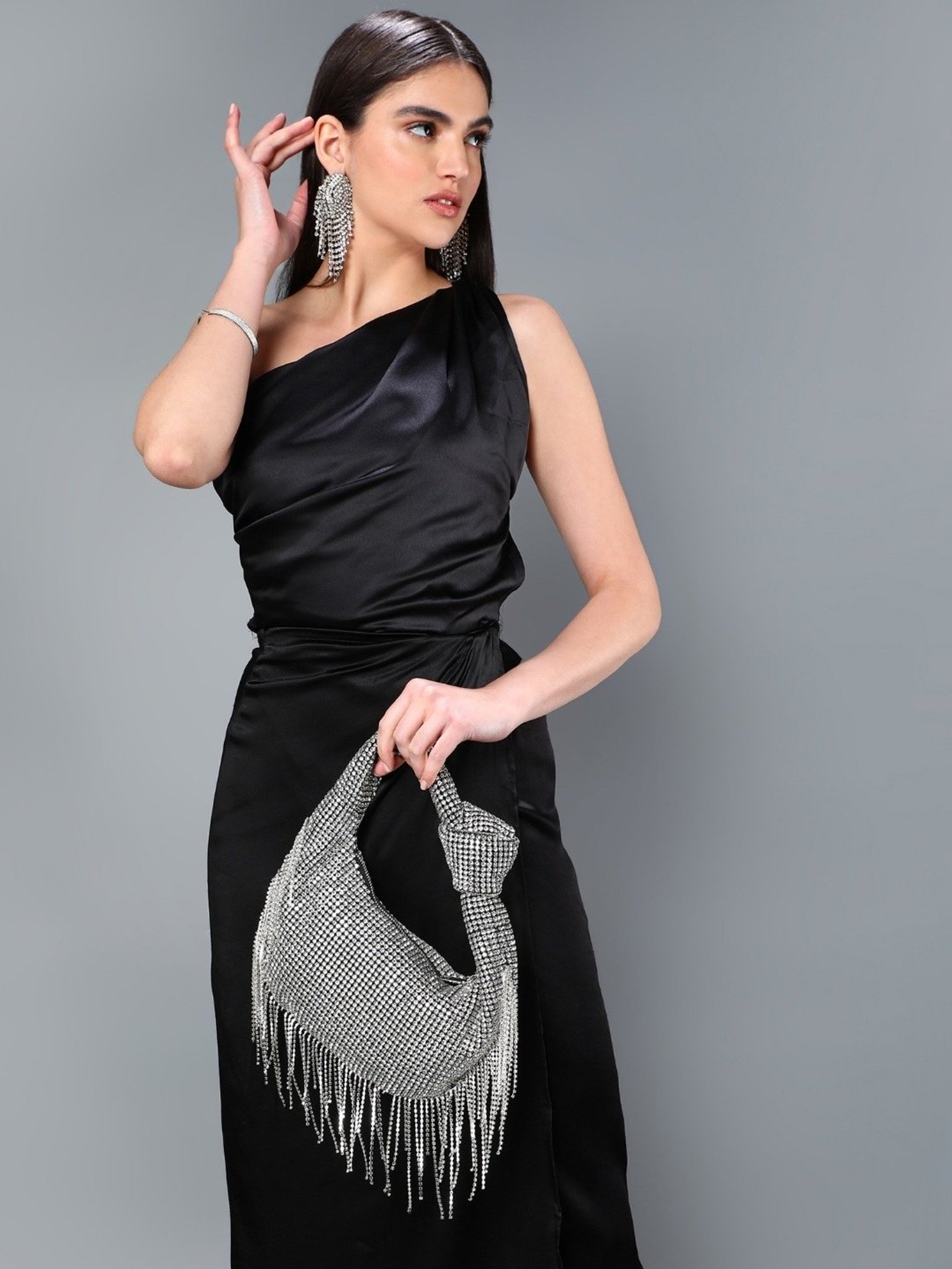 SASSORA RIM Silver Leather Embellished small Handbag