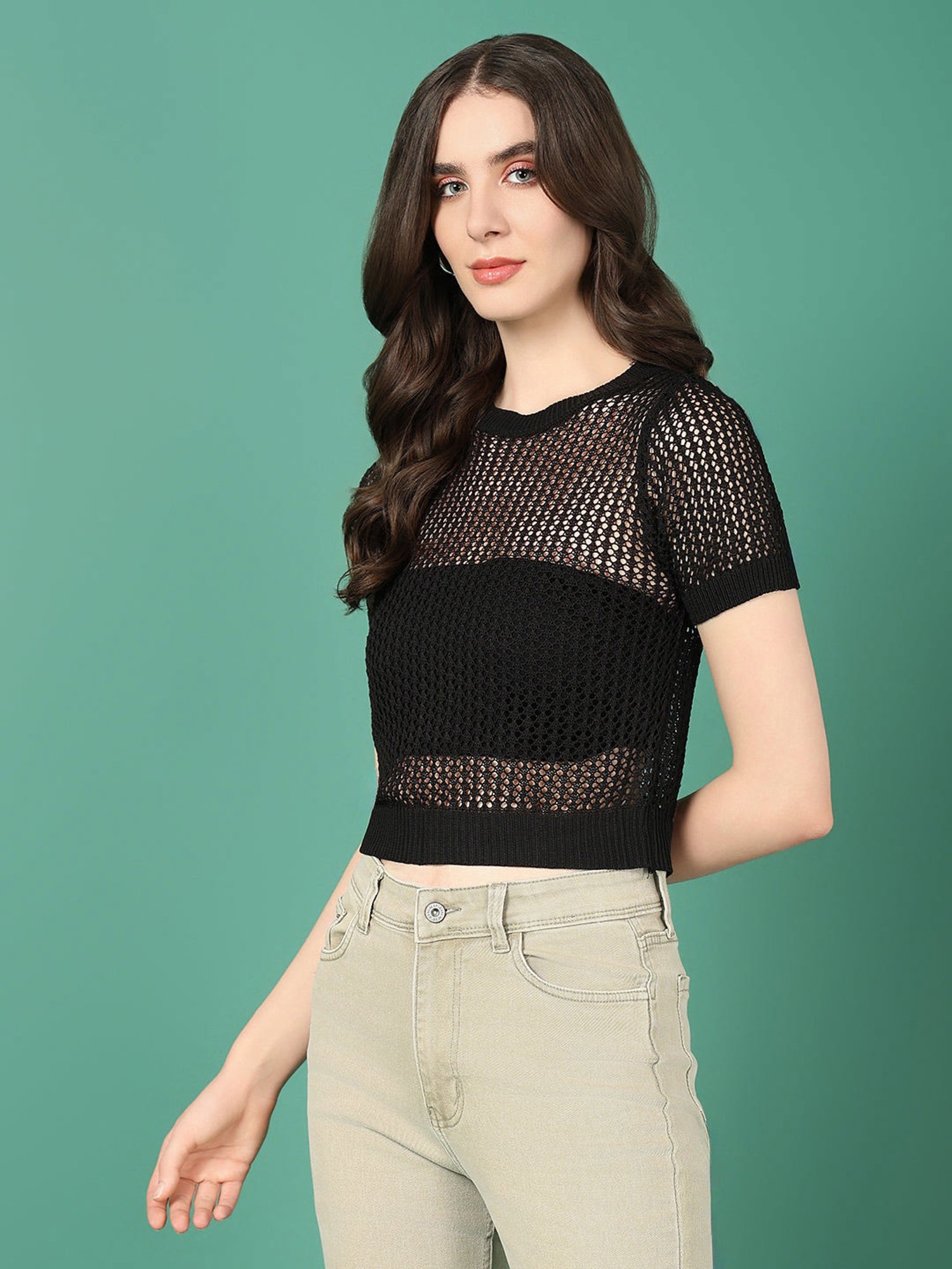 SHOWOFF Black Self Design Crop Top