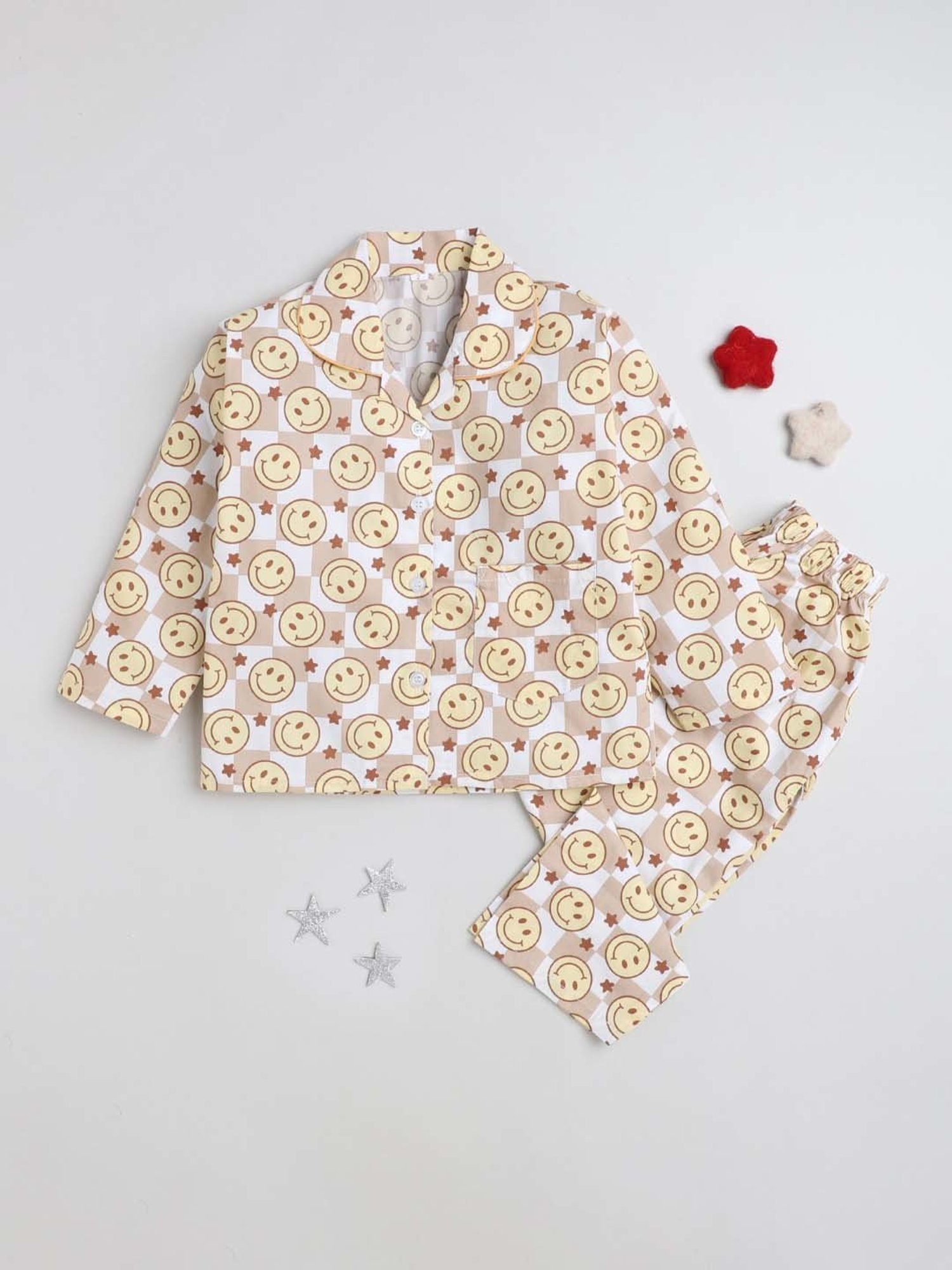 The Magic Wand Boys Brown Cotton Printed Full Sleeves Shirt Set