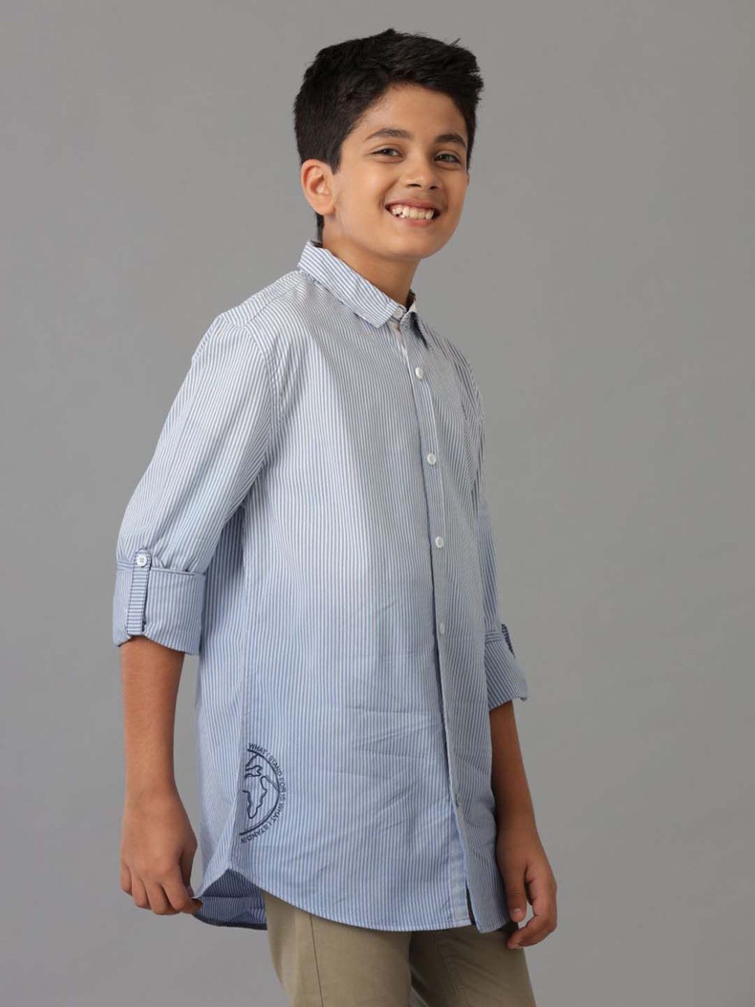 Under Fourteen Only Boys Blue Cotton Striped Full Sleeves Shirt