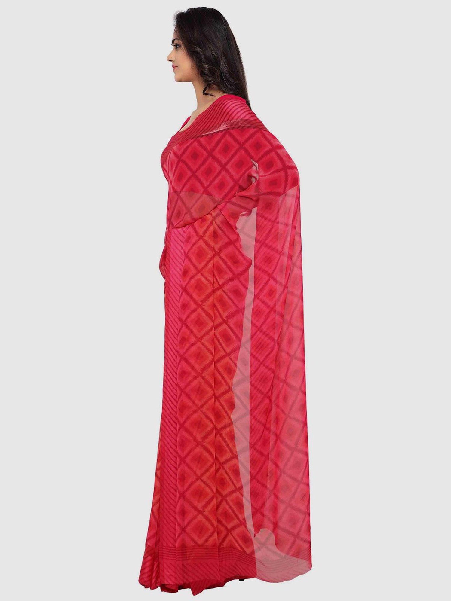 Vaamsi Red Chequered Saree With Unstitched Blouse