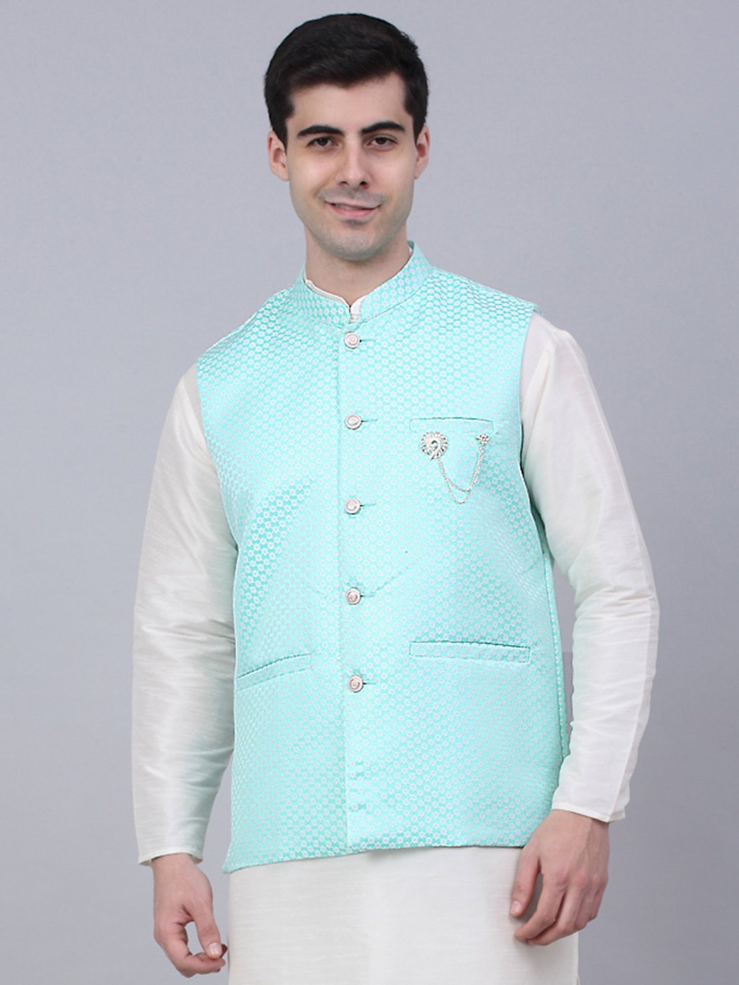 Jompers Sky Blue Regular Fit Mandarin Collar Nehru Jacket