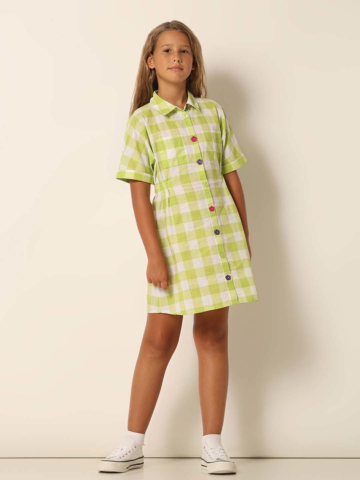 VERO MODA GIRL Green & White Cotton Chequered Dress