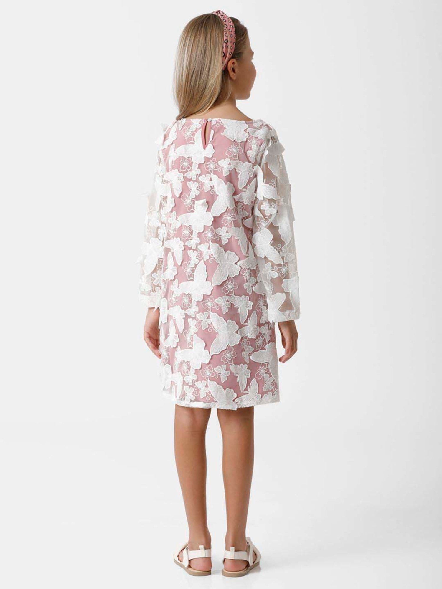 Kate & Oscar Kids White & Pink Embroidered Full Sleeves Dress