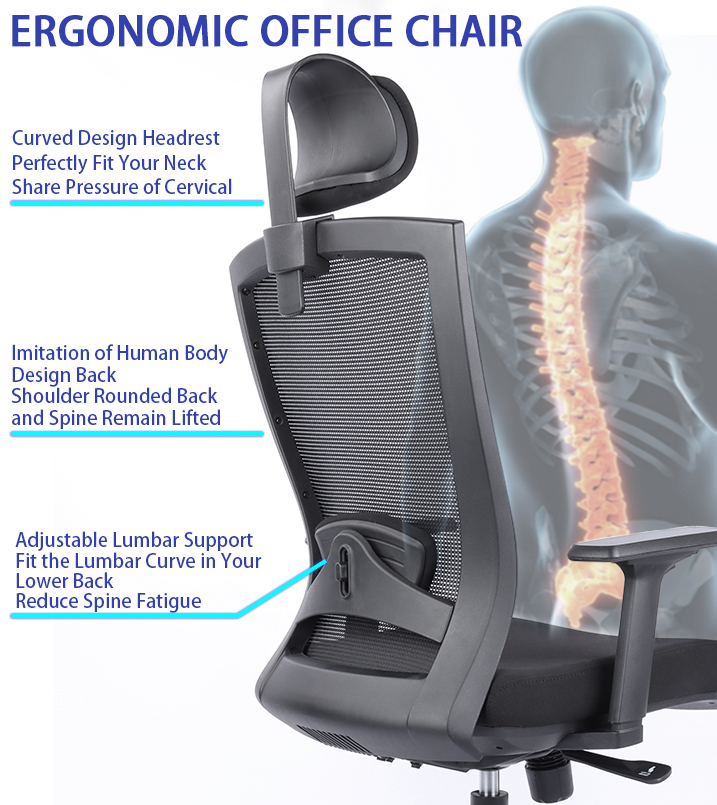 Mesh Ergonomic Office Desk Chair with Headrest, Swivel Computer Gaming Chair Reclined and Lockable Comfortable High-Back Executive Chair with Adjustable Arms, and Lumbar Support, Black