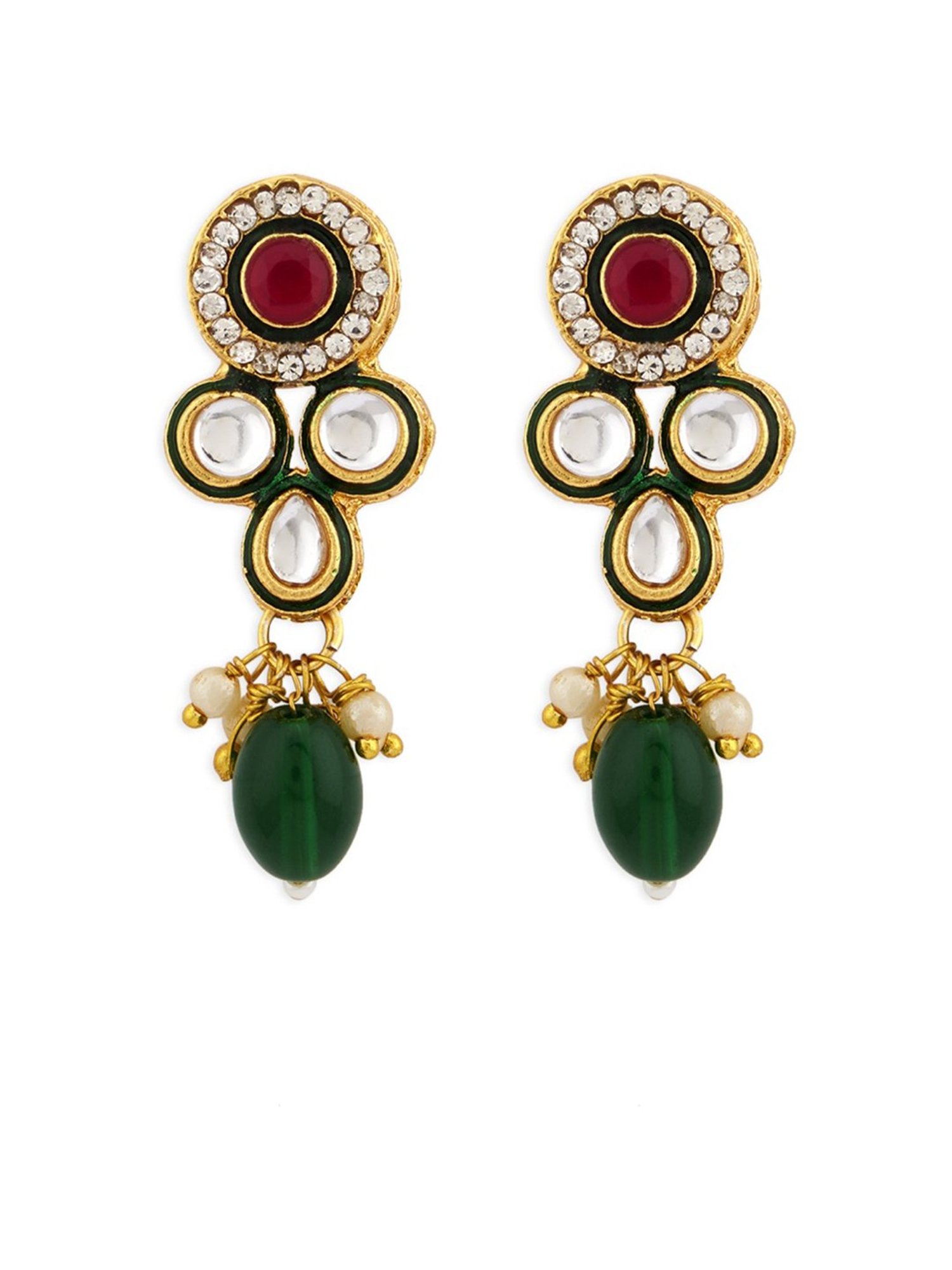 Zaveri Pearls Green Multistrand Beaded Kundan Necklace, Earring, Maangtikka & Ring Set