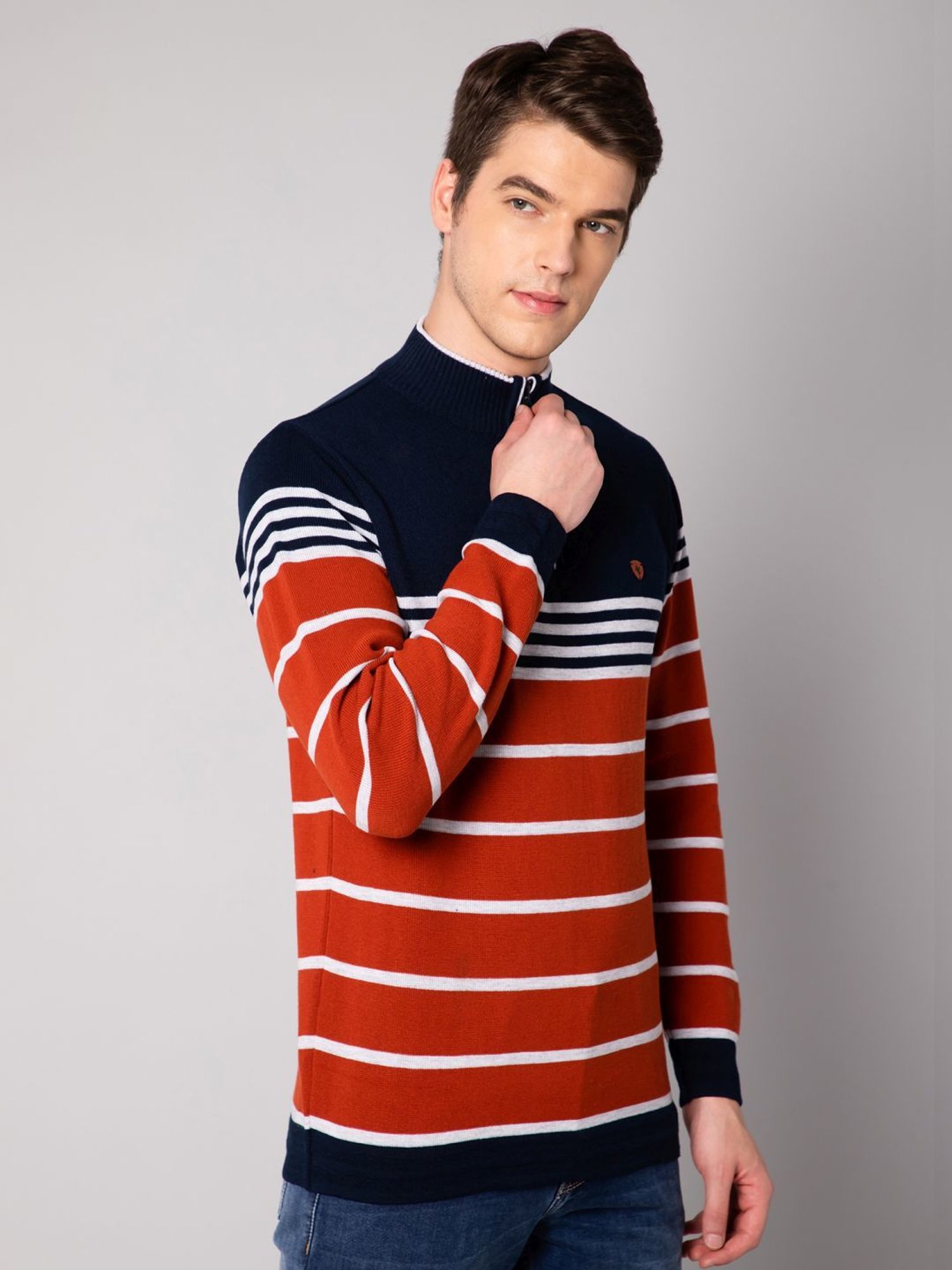 Cantabil Rust Regular Fit Striped Sweater